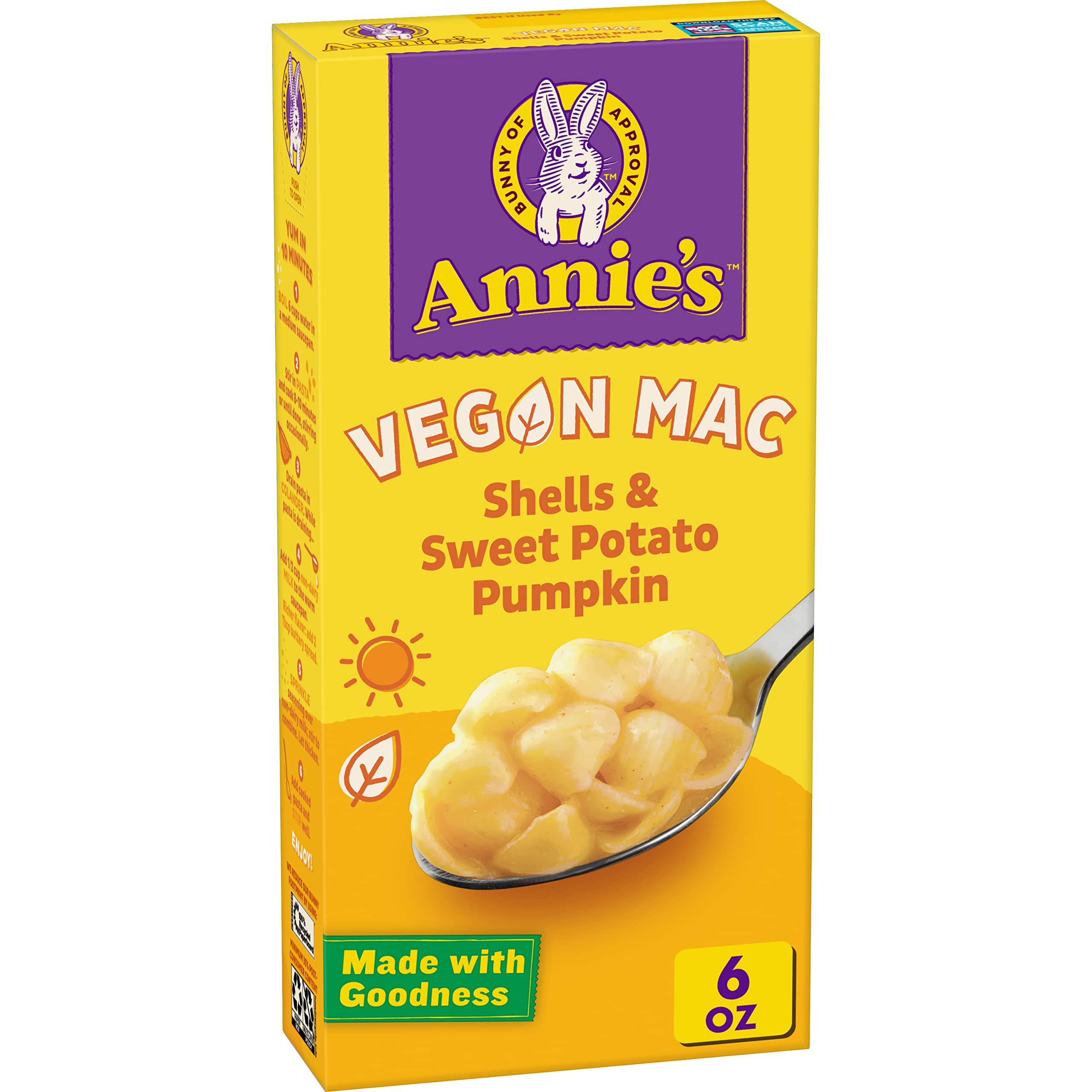 Annie's Organic Vegan Mac Shells, Sweet Potato Pumpkin, Non-GMO, 6 oz | Certified USDA Organic, Plant-Based Recipe, Pasta & Sauce, Ready in About 10 Minutes