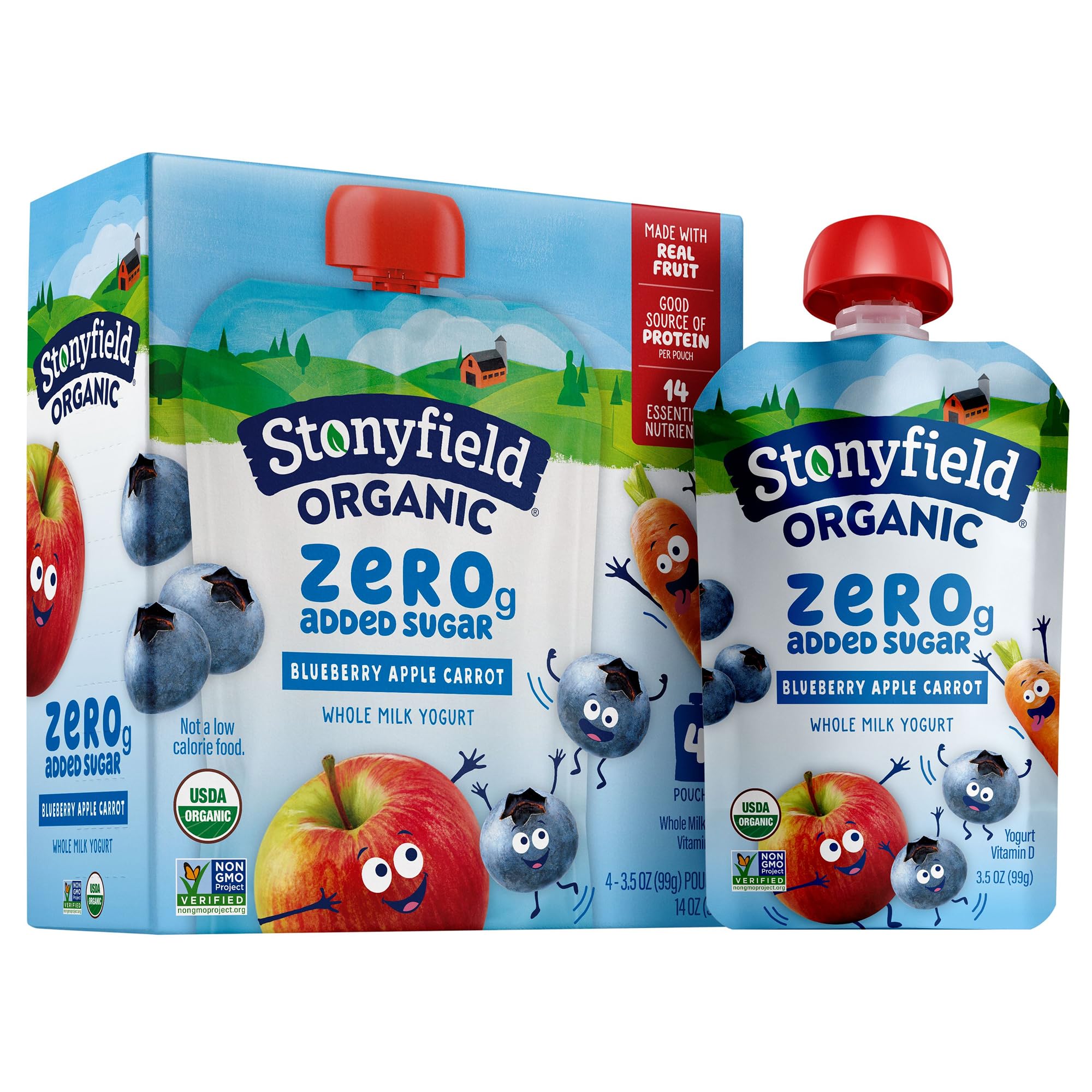 Stonyfield Organic Kids Zero Grams Added Sugar Blueberry Apple Carrot Whole Milk Yogurt, 3.5 oz Pouches, 4 ct Pack