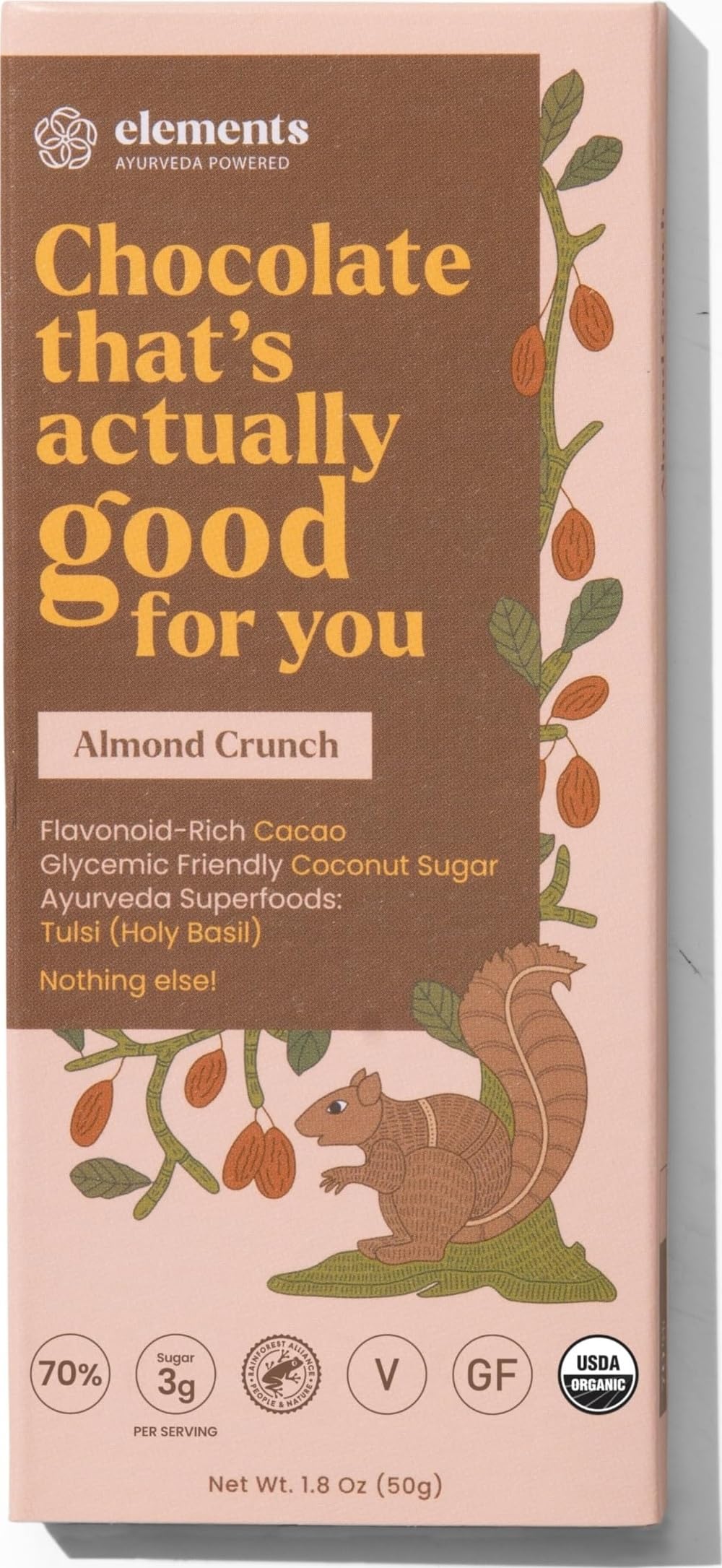 Elements Truffles Almond Crunch Dark Chocolate Bar| Ayurvedic, Vegan & Gluten Free | No Refined Sugar & Artificial Flavours | Enriched with Cocoa, Coconut Sugar & Roasted Almonds 50g