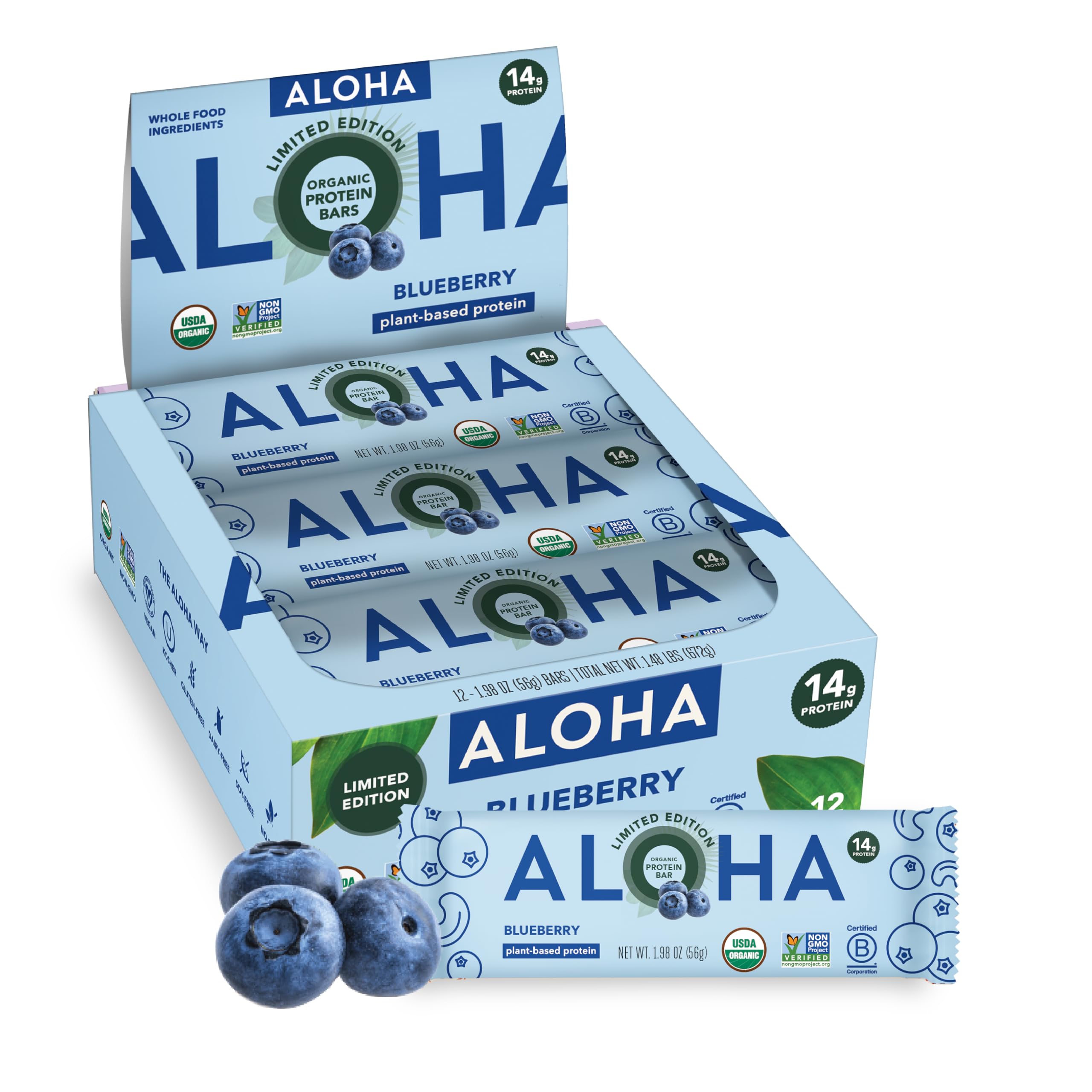 ALOHA Organic Plant Based Protein Bars | Blueberry, 12 Count, 3g Sugar | 14g Plant-Based Protein, 10g Fiber | GLP-1 & Keto Friendly, No Sucralose or Stevia | Non-GMO, Gluten, Dairy & Soy Free