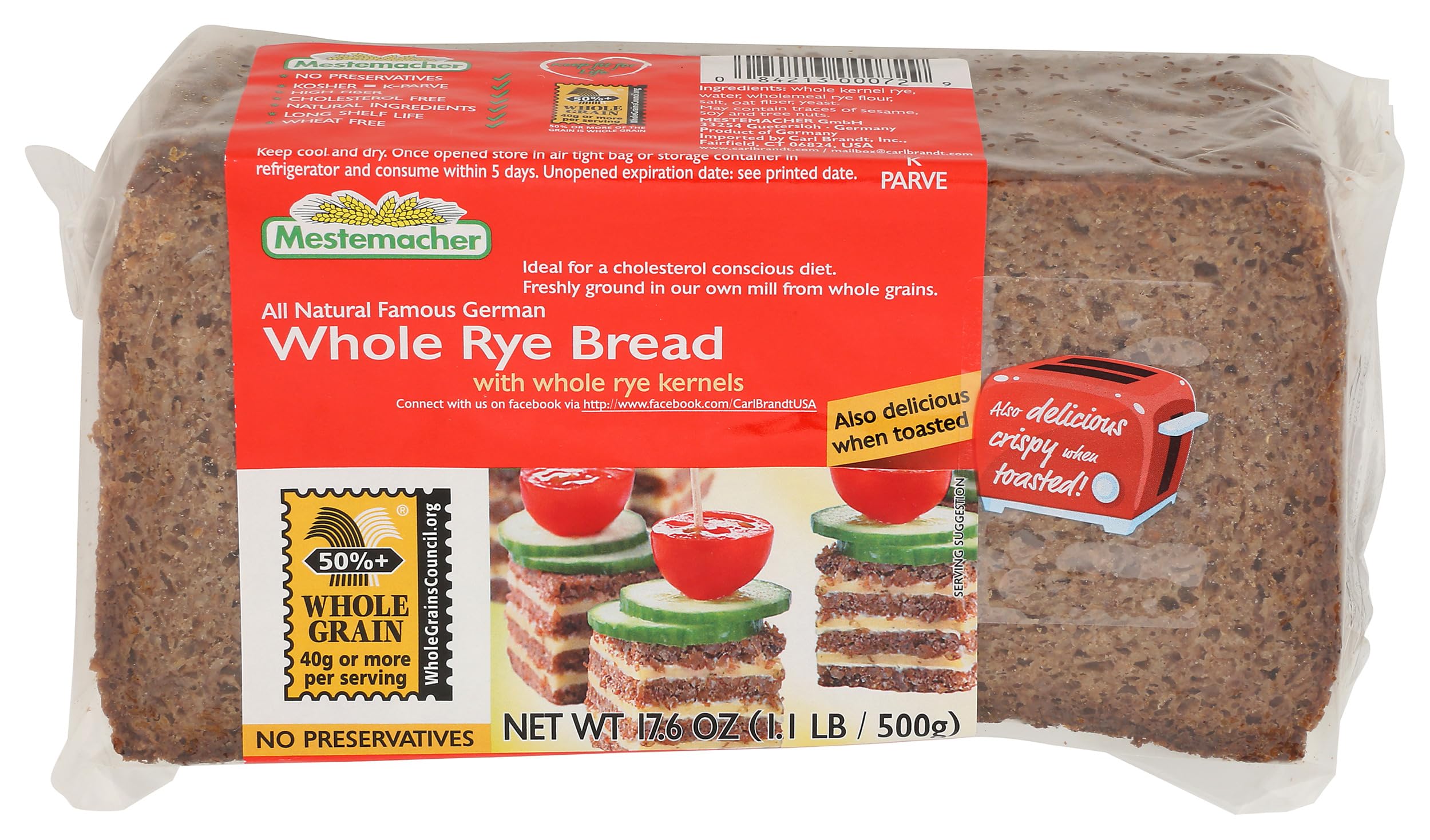 Mestemacher All Natural Whole Rye Bread, 17.6 Oz – Authentic German Whole Grain Rye Bread, High Fiber, Non-GMO, Ready to Eat, Long Shelf Life