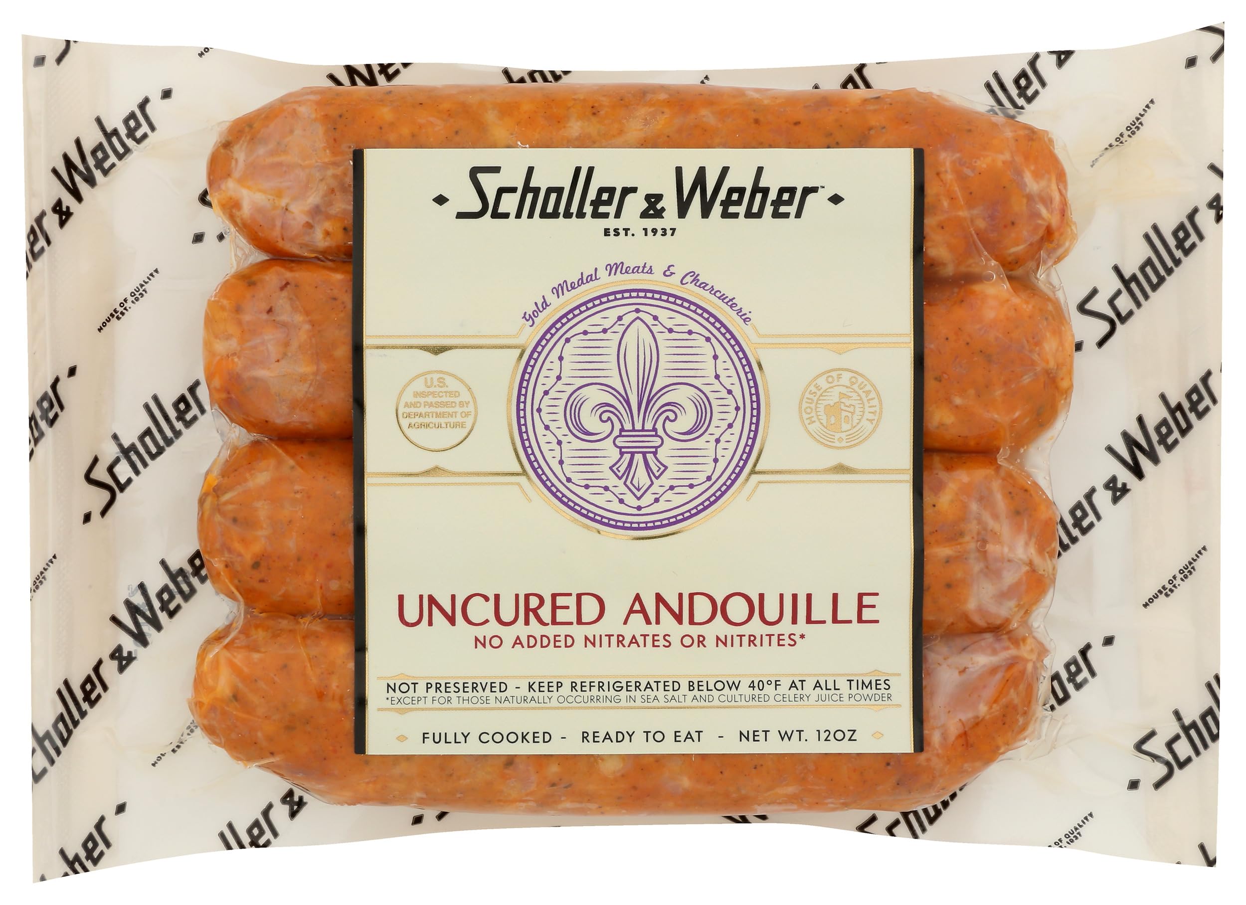 Schaller & Weber Uncured Andouille Pork Sausage, Hickory Smoked, Gluten Free, Fully Cooked, Ready to Eat 12 OZ