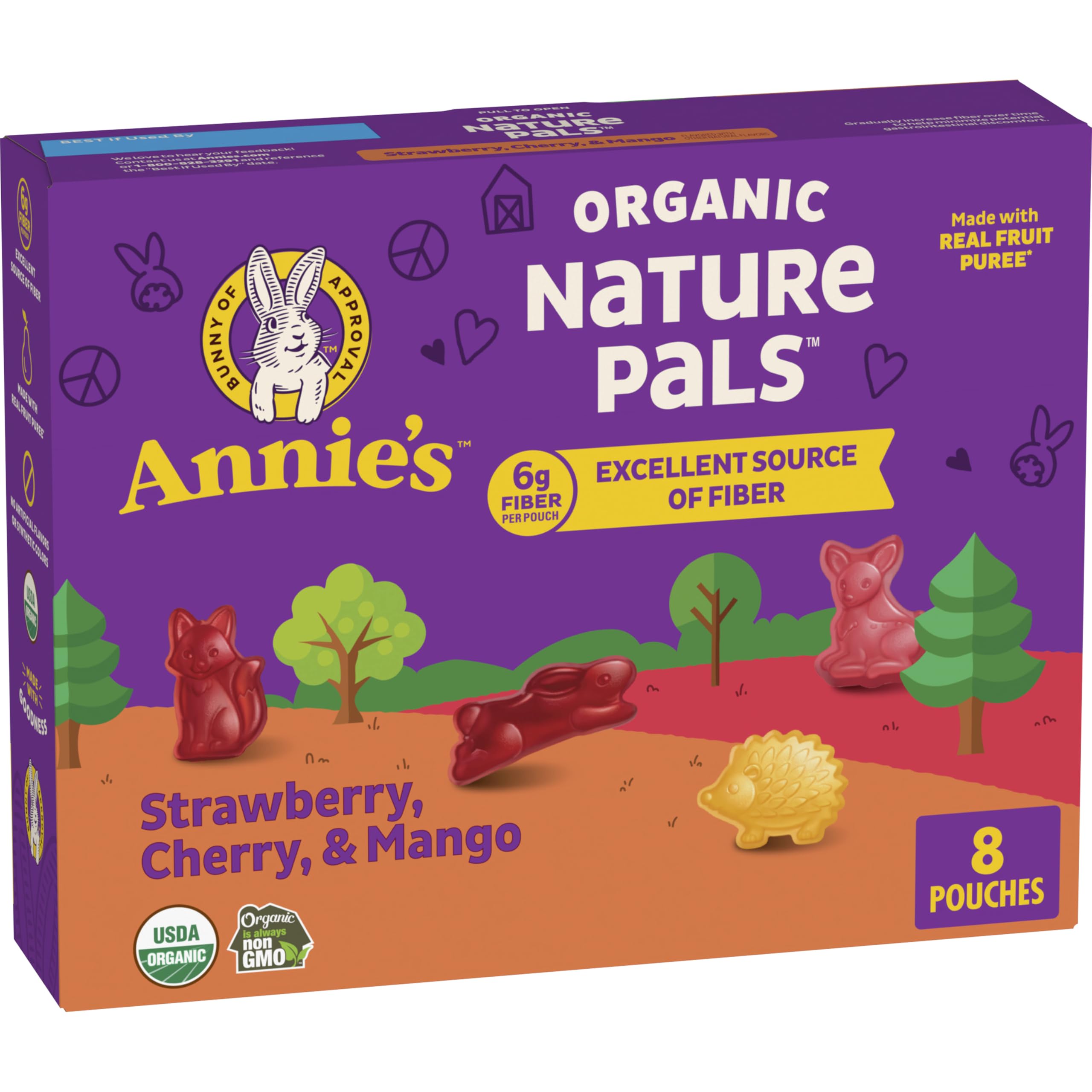 Annie's Organic Nature Pals Strawberry, Cherry & Mango Gummy Snacks, 8 ct | Fruit-Flavored Snacks, Fun Animal Shapes, 6g Fiber Per Pouch, Great for Lunchboxes, 5.6 oz