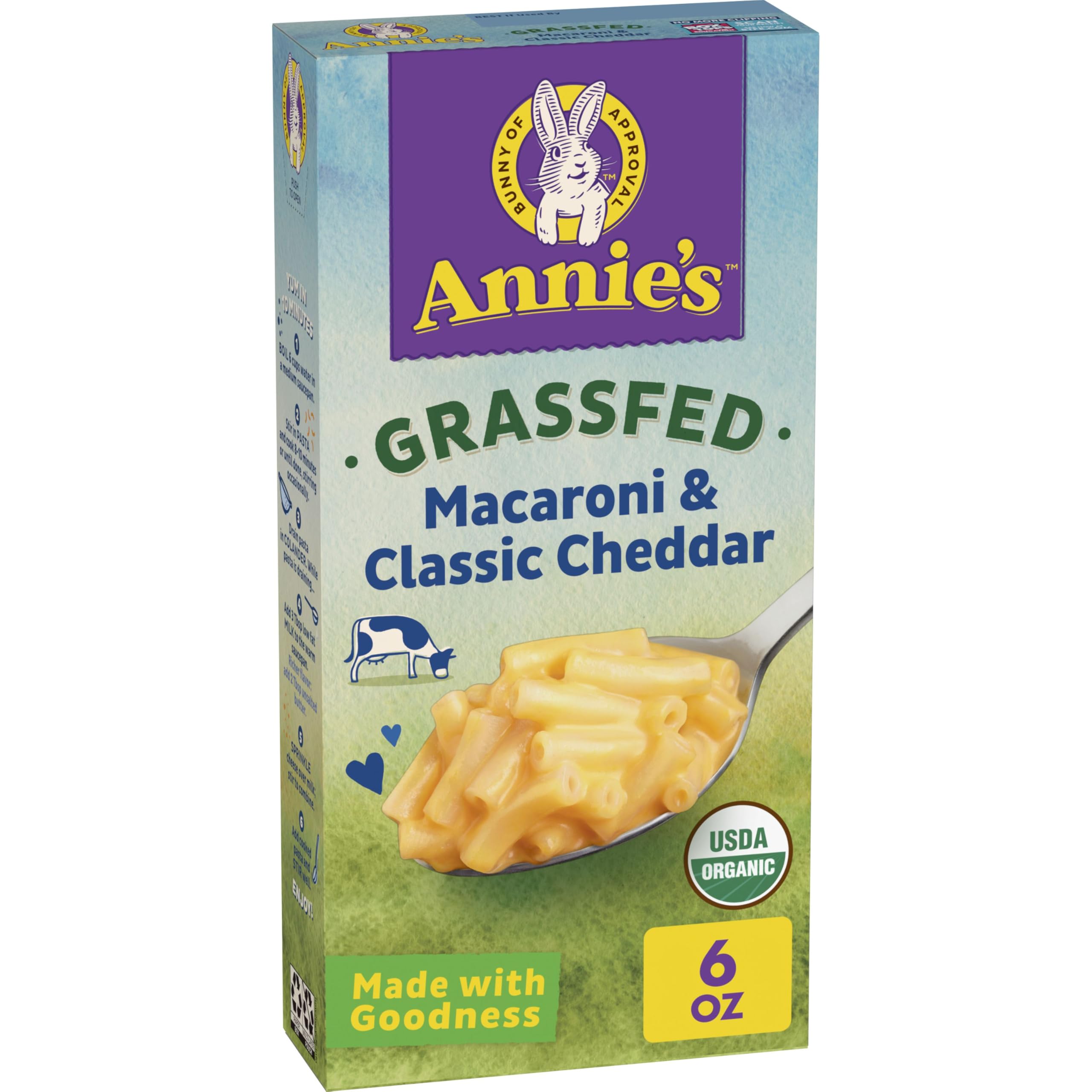 Annie's Organic Grass-Fed Macaroni & Classic Cheddar, 6 oz | Easy Kid Dinner or Snack, Made with Real Cheese, 8g Whole Grain Per Serving, Ready in About 10 Minutes