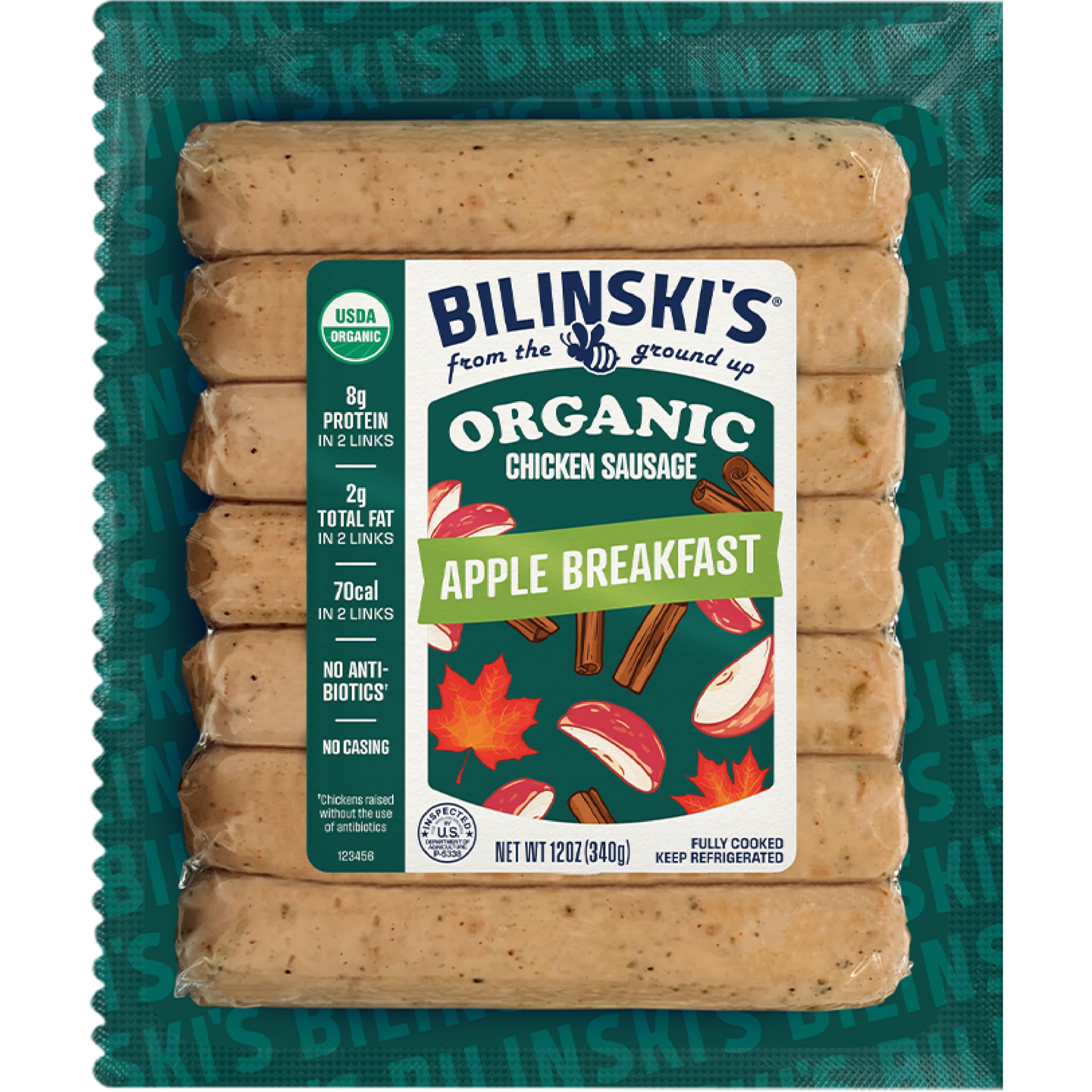 Bilinski's Organic Apple Breakfast Chicken Sausage, 8g Protein/70 Calories, Fully Cooked, GAP Certified Chicken, No Antibiotics, No Nitrates, No Additives, Casing Free, 12oz