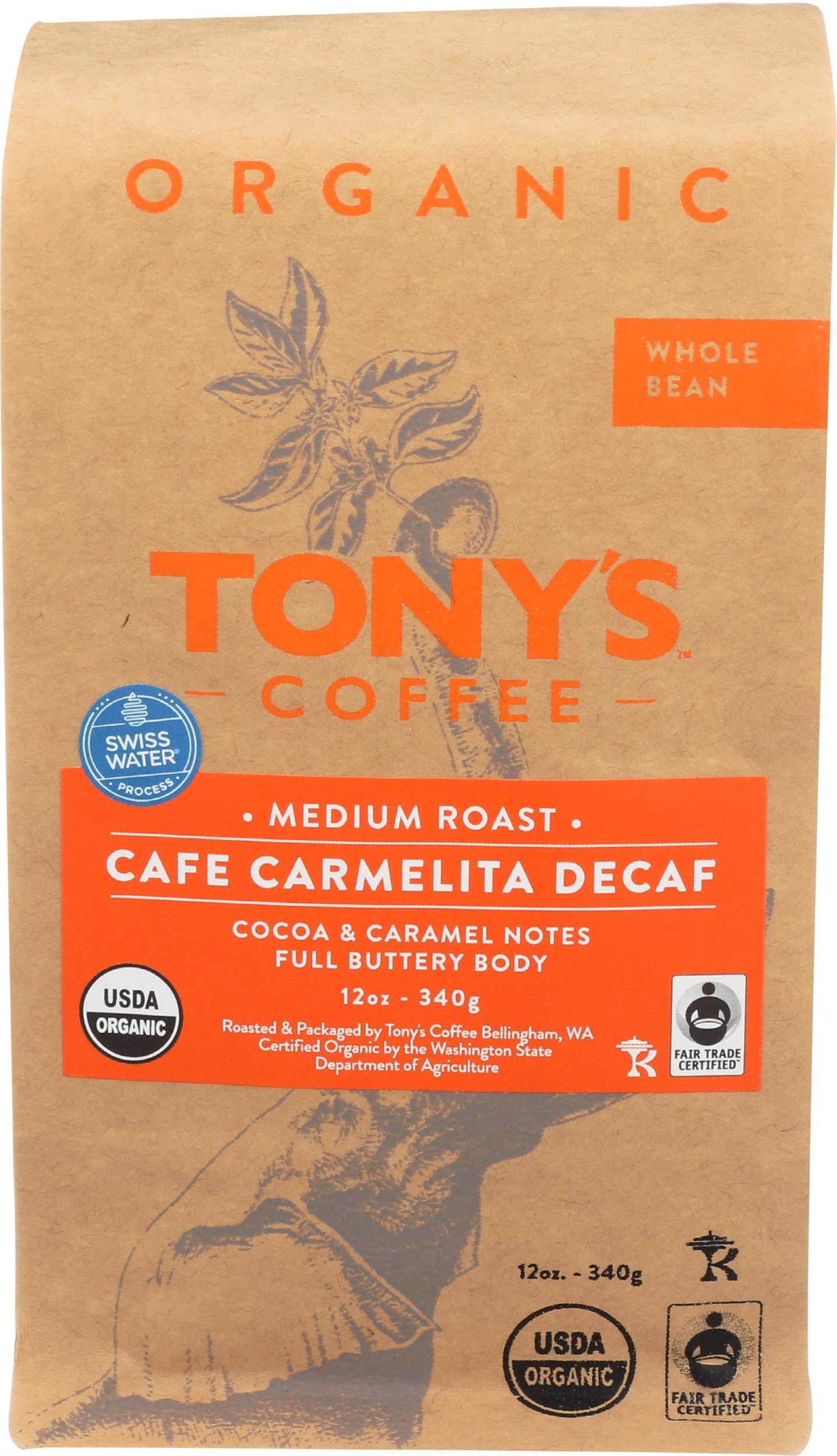 Cafe Carmelita Decaf (12oz), Medium Roast Whole Bean Decaf Coffee, Organic and Fair Trade