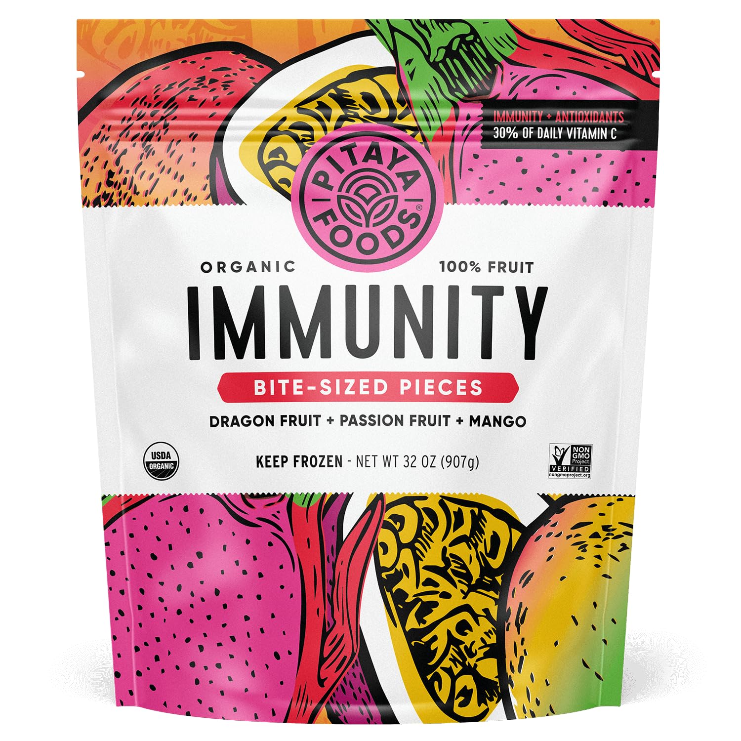 Pitaya Foods - Frozen Organic Immunity Bite-Sized Pieces, Pre-Packaged Frozen Dragon Fruit, Passion Fruit, Mango, No Added Sugar or Preservatives, Good Source of Fiber, Potassium, & Vitamin C, 100% Fruit, Non-GMO (32 oz Bag)