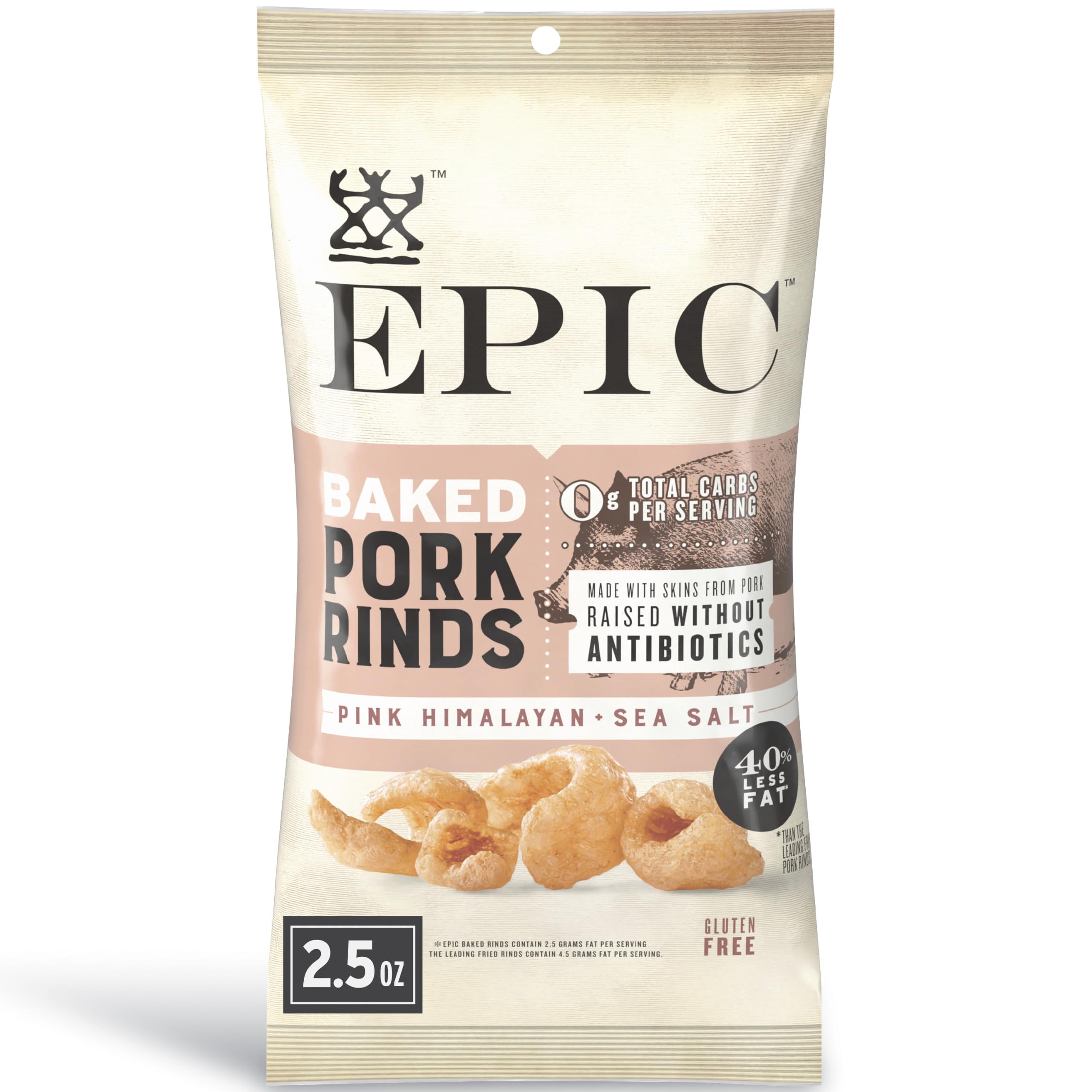 EPIC Provisions Pink Himalayan Sea Salt Baked Pork Rinds, 2.5 oz | 40% Less Fat Than Leading Fried Rinds, Antibiotic-Free Pork, Keto Friendly, 11g Protein & 0g Carbs per Serving
