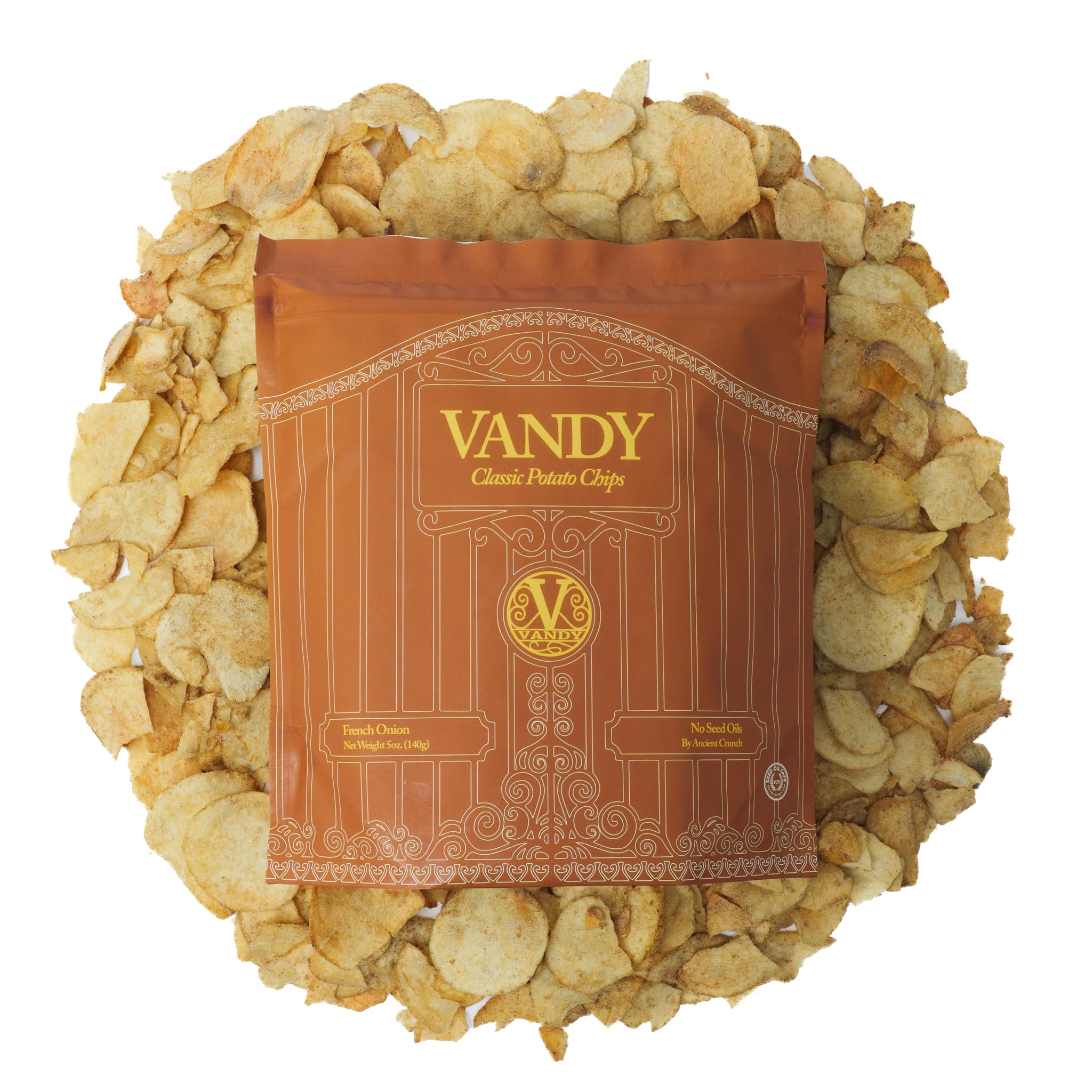 Vandy Crisps Potato Chips in Beef Tallow - French Onion, 5 oz | Vegetable & seed oil free snacks, gluten free, made with potatoes, French onion blend and sea salt