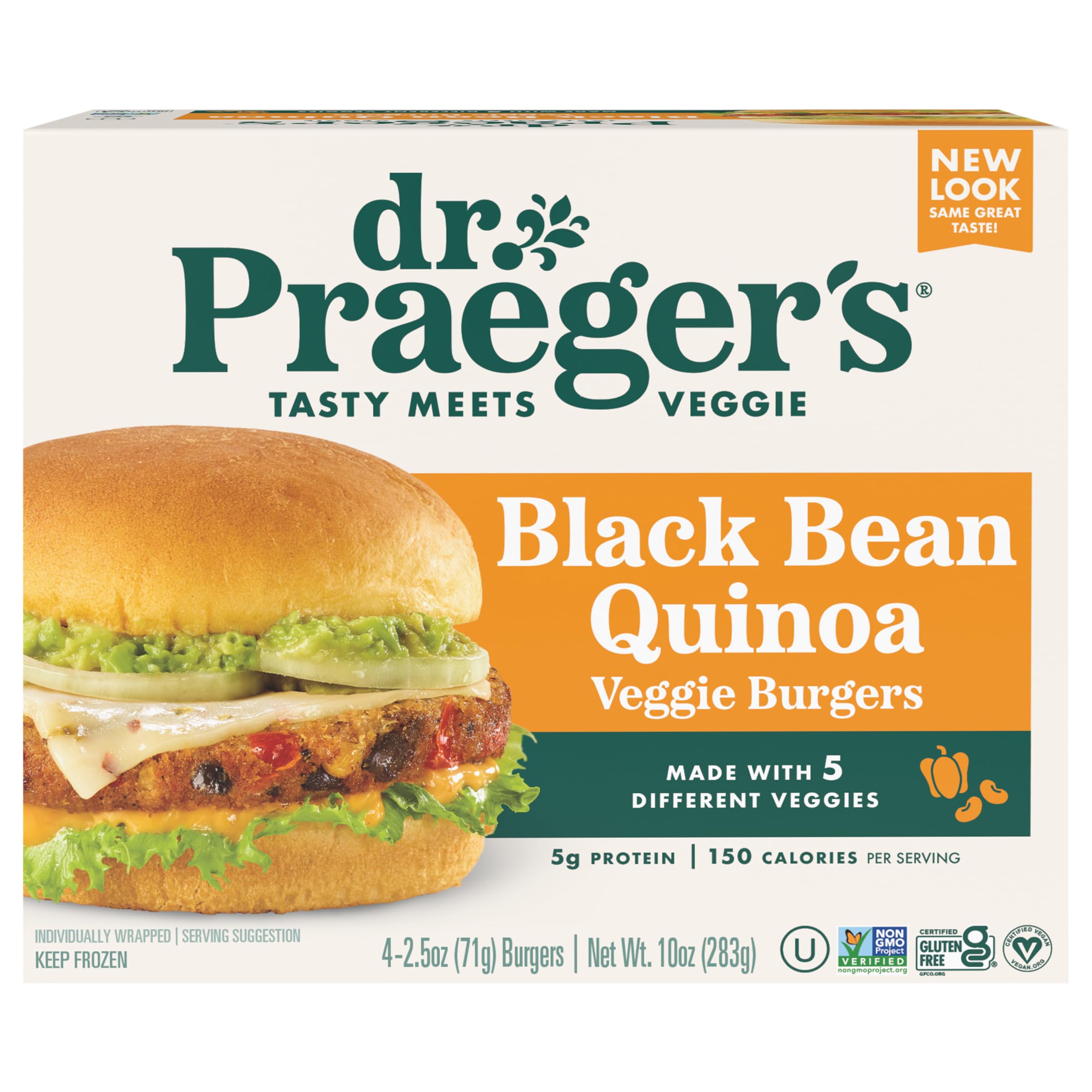 Dr. Praeger's Black Bean Quinoa Veggie Burgers, 4 Count, 10 oz | Black bean and quinoa burgers with smoky chipotle; 5g protein, 150 calories, gluten free, vegan, kosher and Non-GMO