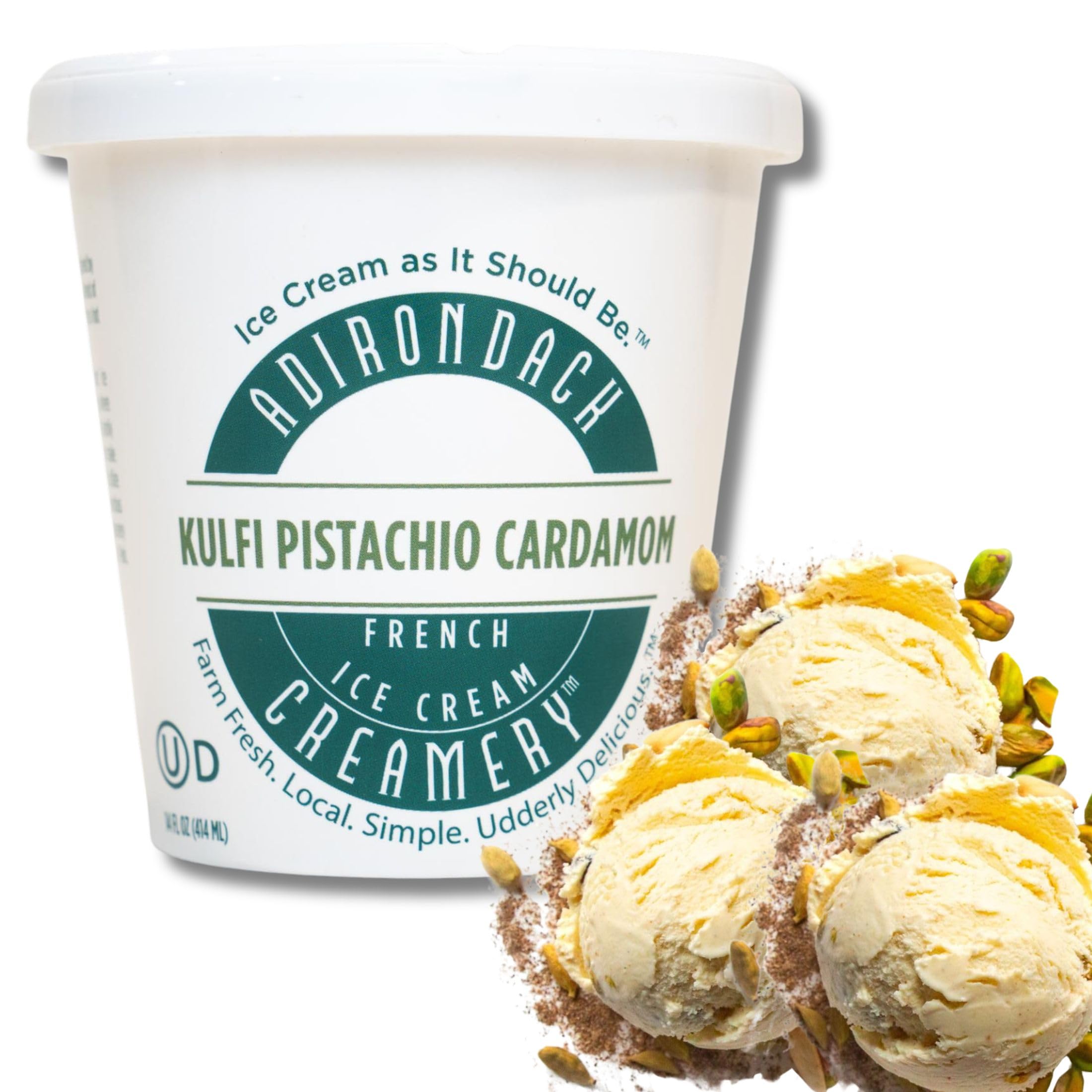 Adirondack Creamery - French Ice Cream - Kulfi-Pistachio Cardamom - All Natural, Kosher, & Cruelty-Free - Sourced from Local Farms - Made w/a Fragrant Blend of Spices - 14oz