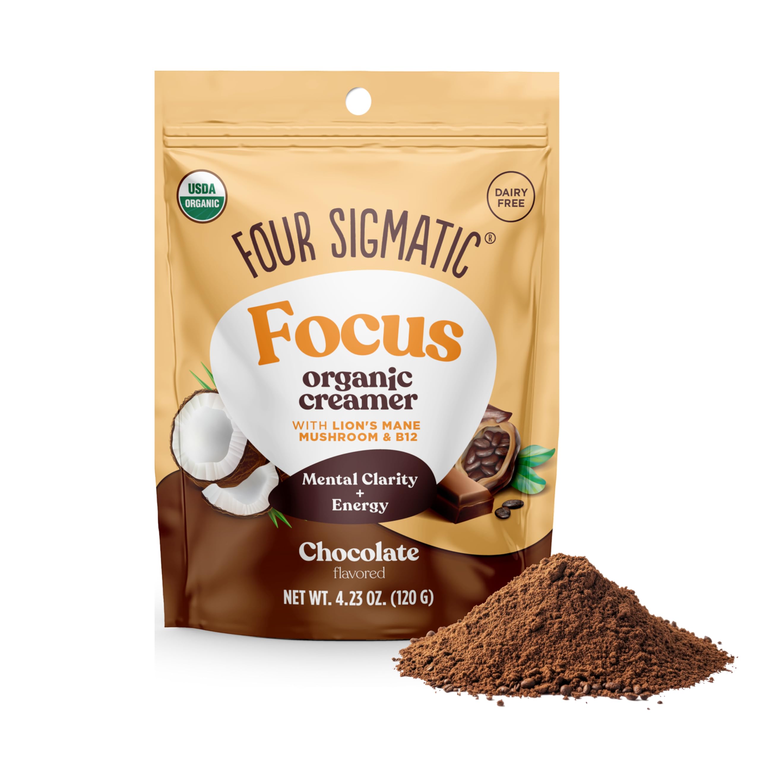 Four Sigmatic Focus Chocolate Coffee Creamer | Organic Non Dairy Coffee Creamer with Lion’s Mane and Vitamin B12 | Chocolate, 4.23 oz