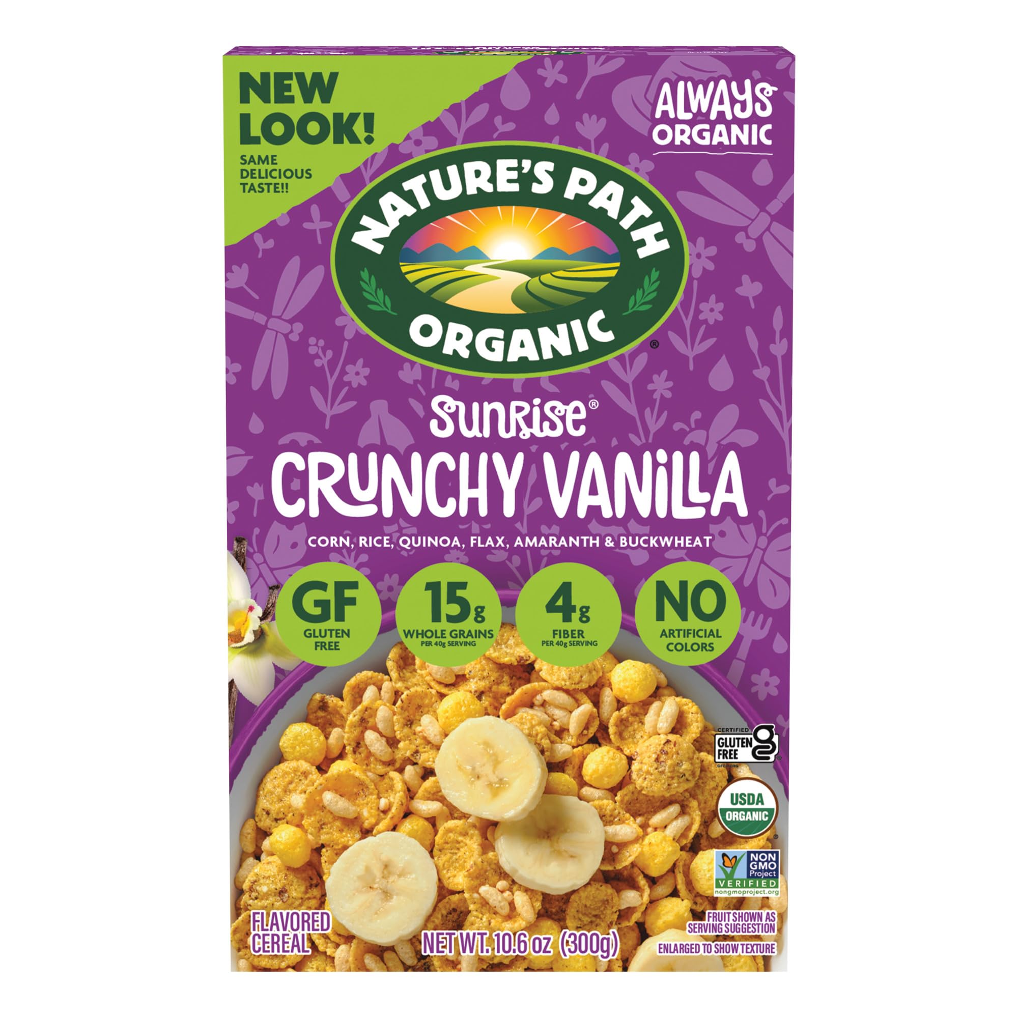 Nature's Path Organic Sunrise Crunchy Vanilla Cereal, 10.6 oz (Pack of 1) | Gluten-Free Blend: Crunchy flakes, light grain puffs, toasted rice crispies, vanilla, 15g whole grains, 4g fiber