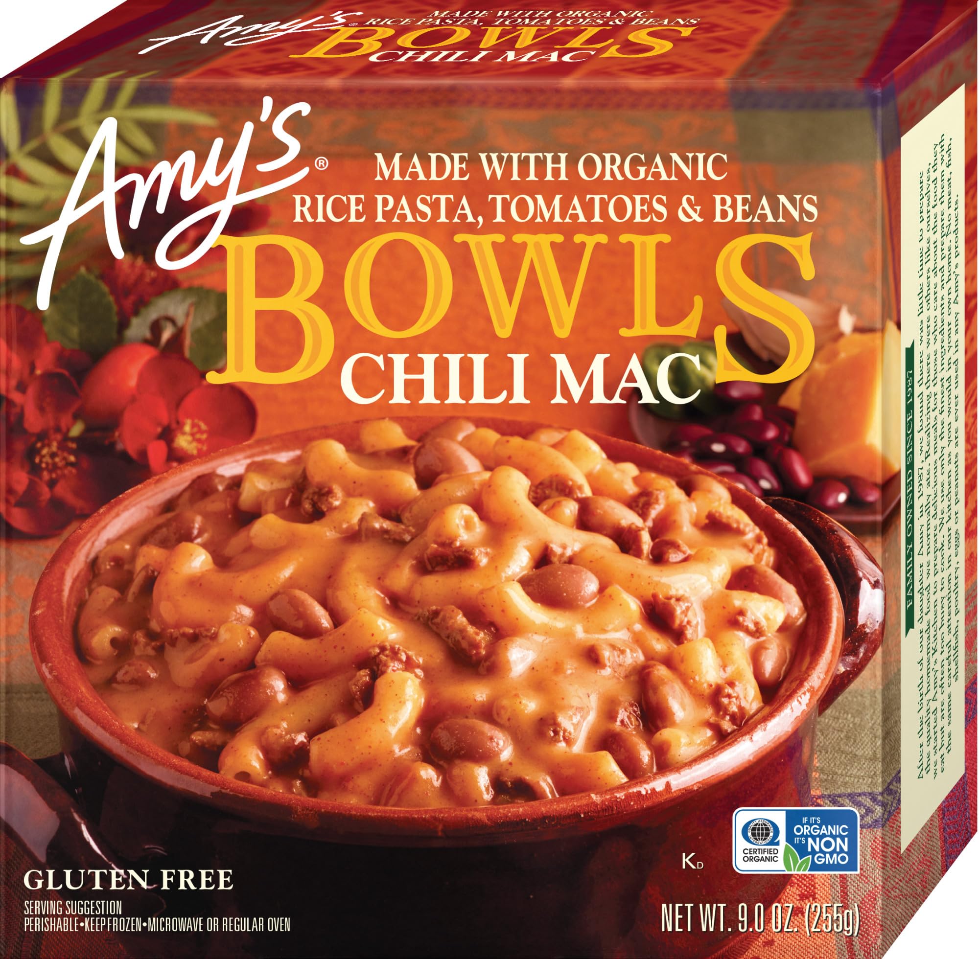Amy's Frozen Meals, Chili Mac and Cheese Pasta Bowl, 9 oz | Made with Organic Rice Pasta, Tomatoes and Beans, Gluten Free