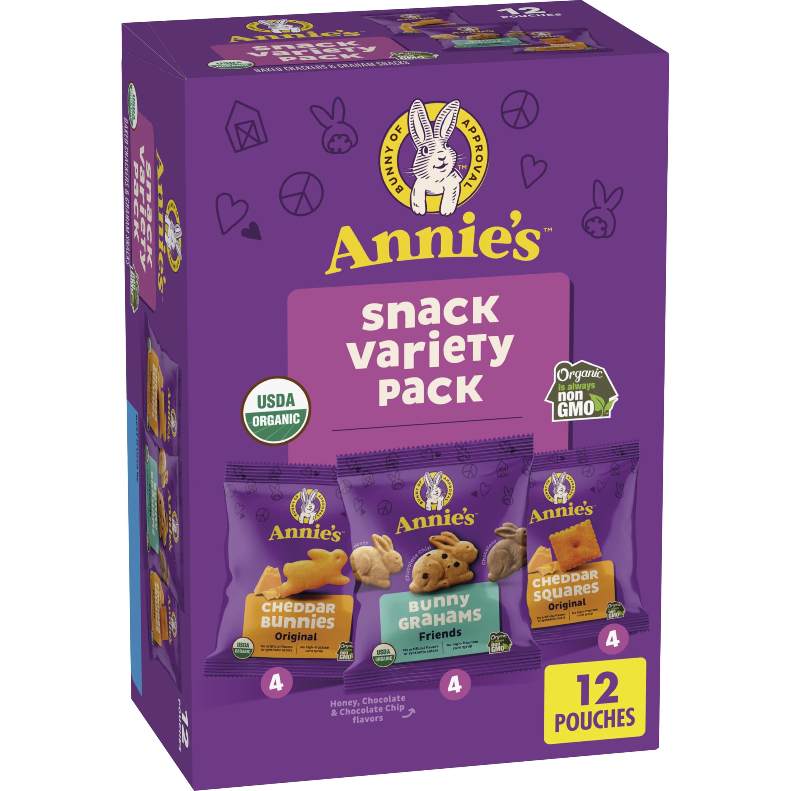 Annie's Organic Snack Cracker Variety Pack, 12ct, 11 oz | Cheddar Bunnies, Bunny Grahams & Cheddar Squares (4 of Each), No Artificial Flavors or Synthetic Colors