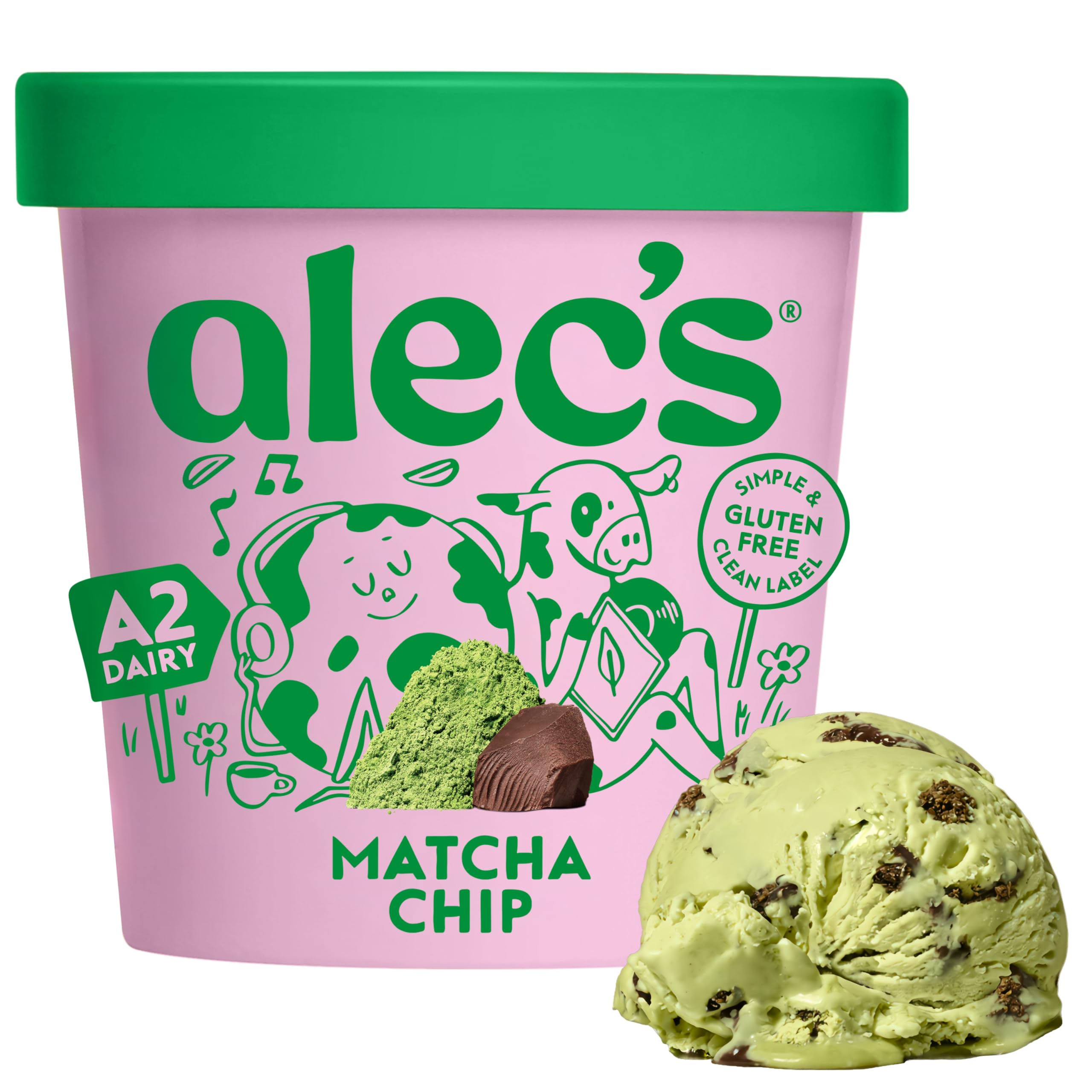 Alec's Matcha Chocolate Chip Ice Cream, A2 Dairy, 14 fl oz | 5 g prebiotic fiber, grass-fed A2/A2 dairy, no seed oils, gum free, cage-free eggs, gluten free, kosher, scoopable pint