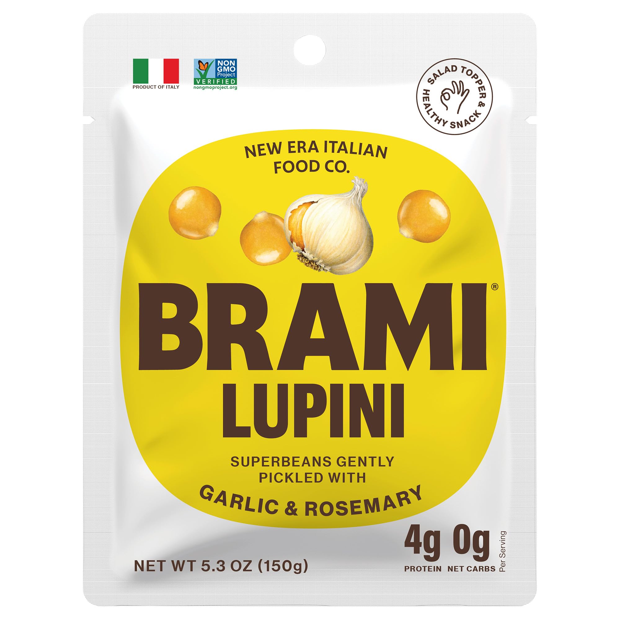 BRAMI Lupini Beans Snacks, Garlic & Rosemary | 7g Plant Protein, 0g Net Carbs | Vegan, Vegetarian, Keto, Plant Based, Mediterranean Diet, Healthy Snacks, Non Perishable, 5.3 Ounce (Pack of 1)