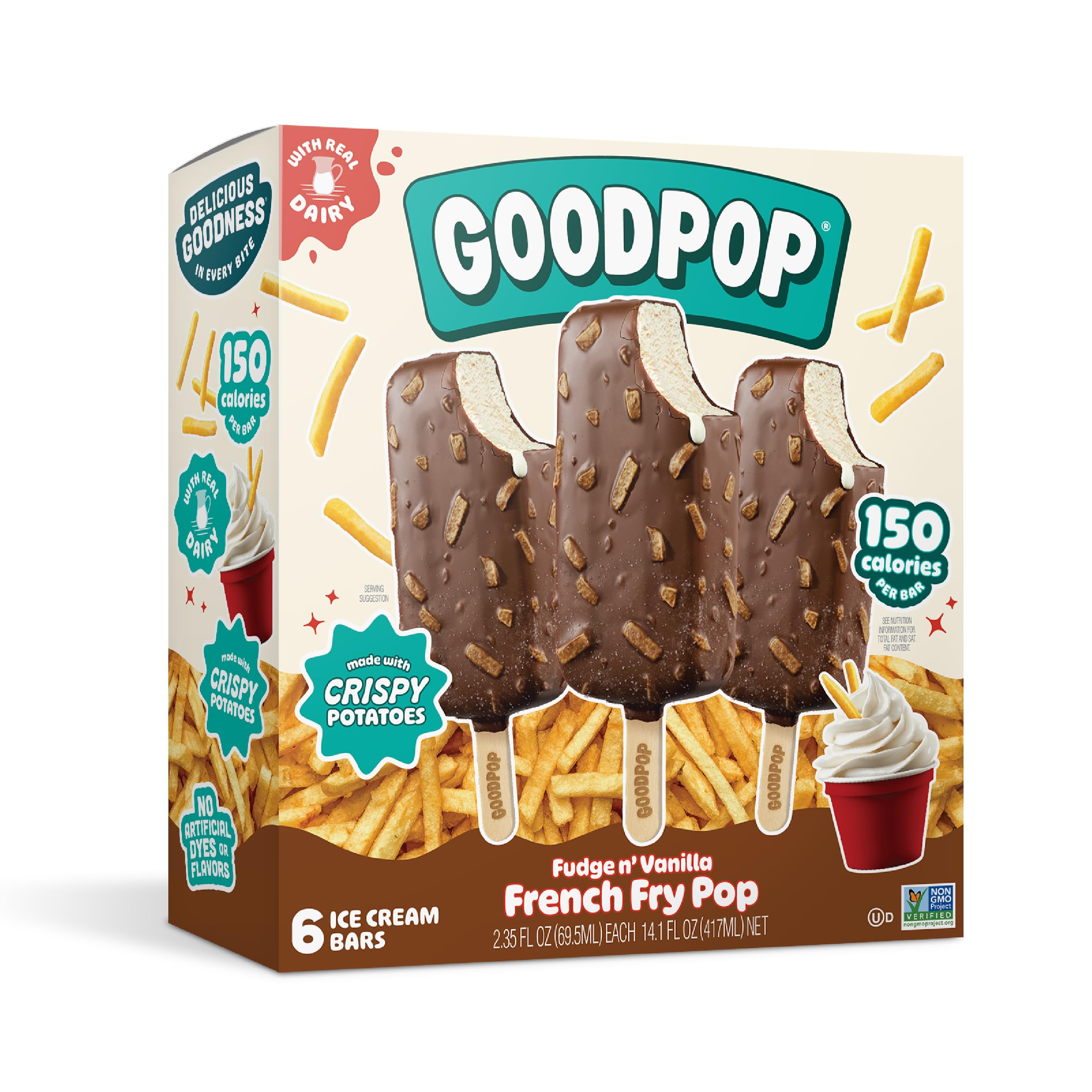 GOODPOP - Fudge n' Vanilla French Fry Ice Cream Pop - Made with Crispy Potatoes - 6 Ice Cream Bars