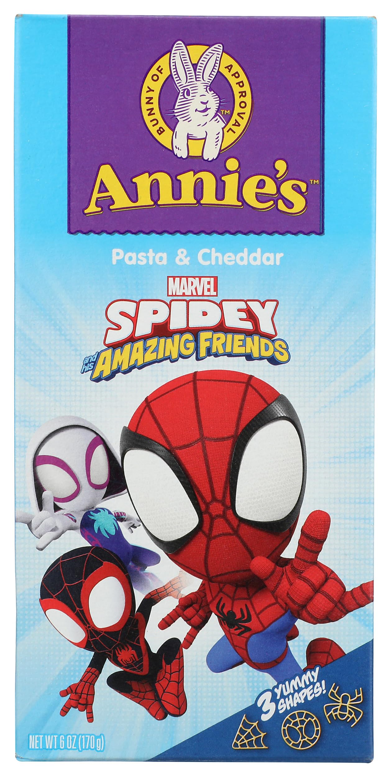 Annie's Spidey & Friends Shapes Cheddar Mac & Cheese, 6 oz | Organic Pasta Shapes Featuring Marvel Spidey & His Amazing Friends, 8g Whole Grain Per Serving, Ready in About 14 Minutes