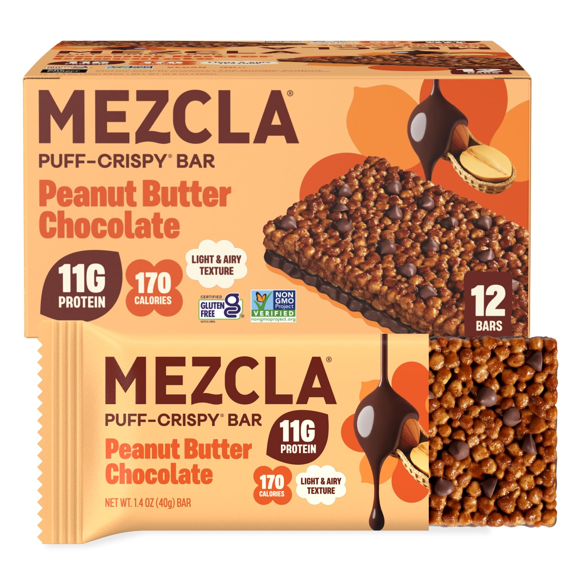 Mezcla Peanut Butter Chocolate Snack Bars, 11G Plant Protein Treat, 12 Ct. | Gluten Free - Vegan - Healthy Adult Snack Protein Bar - Rice Cake, Granola, Breakfast Bar Alternative - Light & Airy Texture