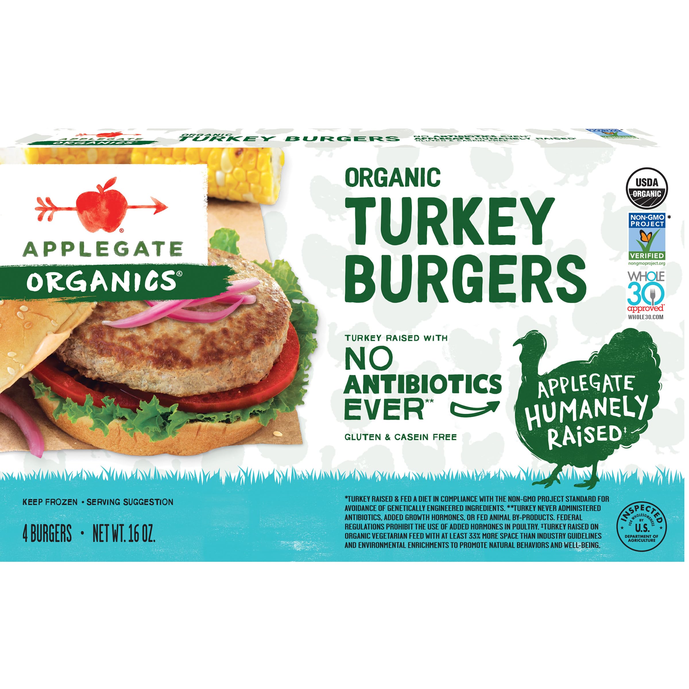 APPLEGATE ORGANICS Organic Turkey Burgers, 1 lb (Frozen) | No Antibiotics Ever, Minimally Processed, No Artificial Ingredients, Great for quick dinners on the grill