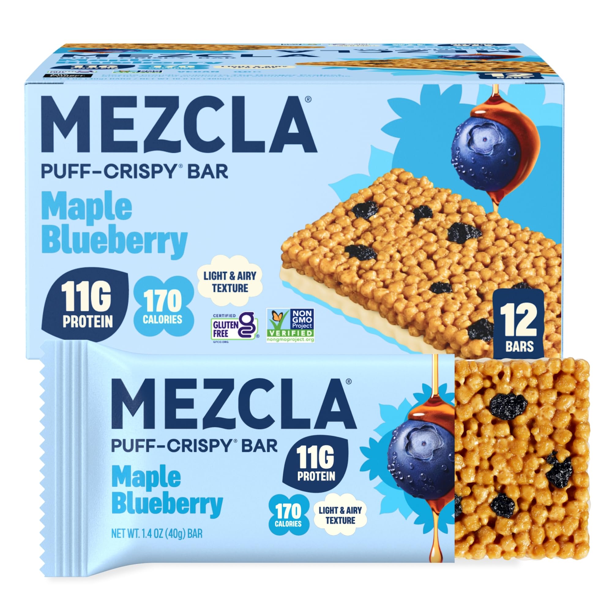 Mezcla Maple Blueberry Snack Bars, 11G Plant Based Pea Protein Treat, 12 Ct | Gluten Free - Vegan - Healthy Adult Snack Protein Bar - Rice Cake, Granola, Breakfast Bar Alternative - Light & Airy Texture