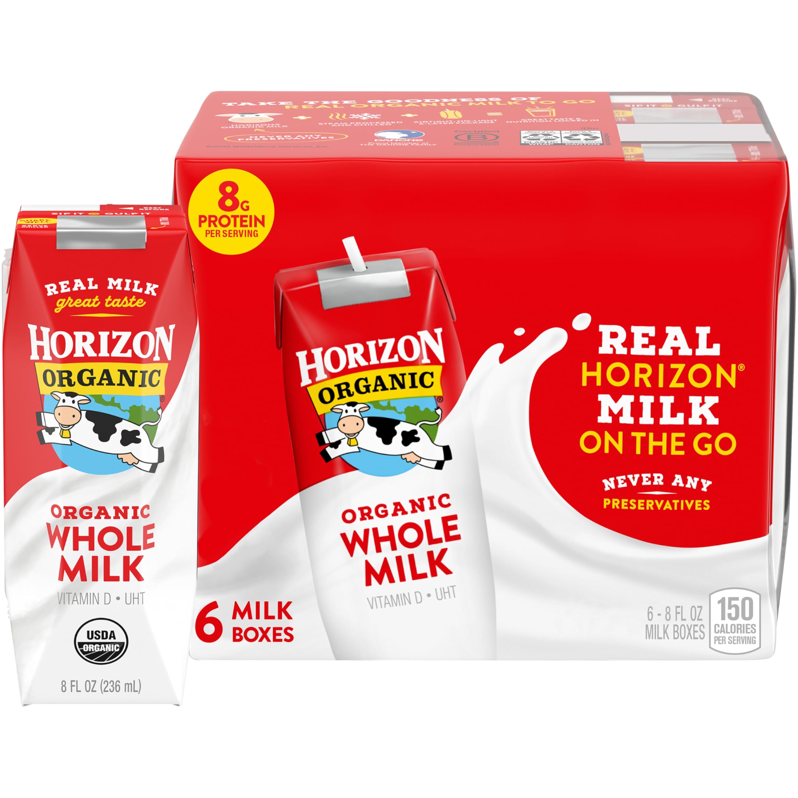 Horizon Organic Shelf Stable Whole Milk Boxes, Pack of 6-8g Protein per Serving