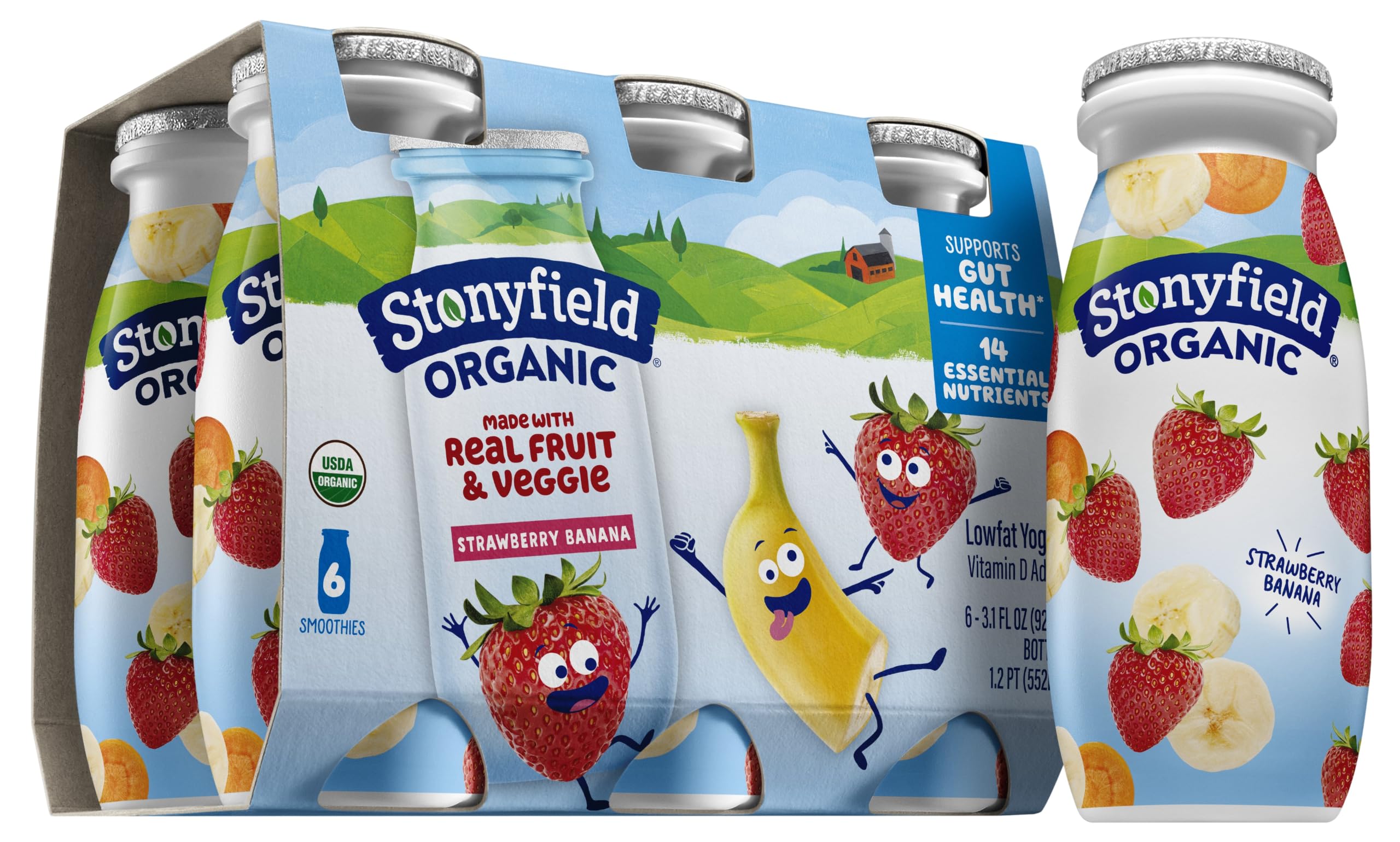 Stonyfield Organic Lowfat Yogurt Smoothies, Strawberry Banana, 3.1 oz., 6 Ct
