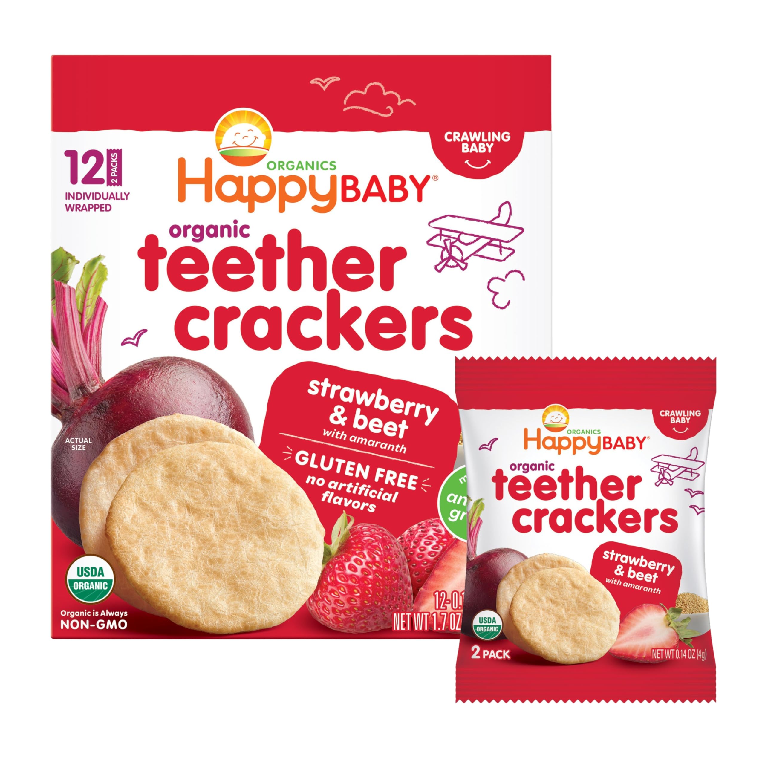 Happy Baby Organics Organic Teether Crackers Gluten Free Strawberry & Beet with Amaranth 12-0.14 oz Packs