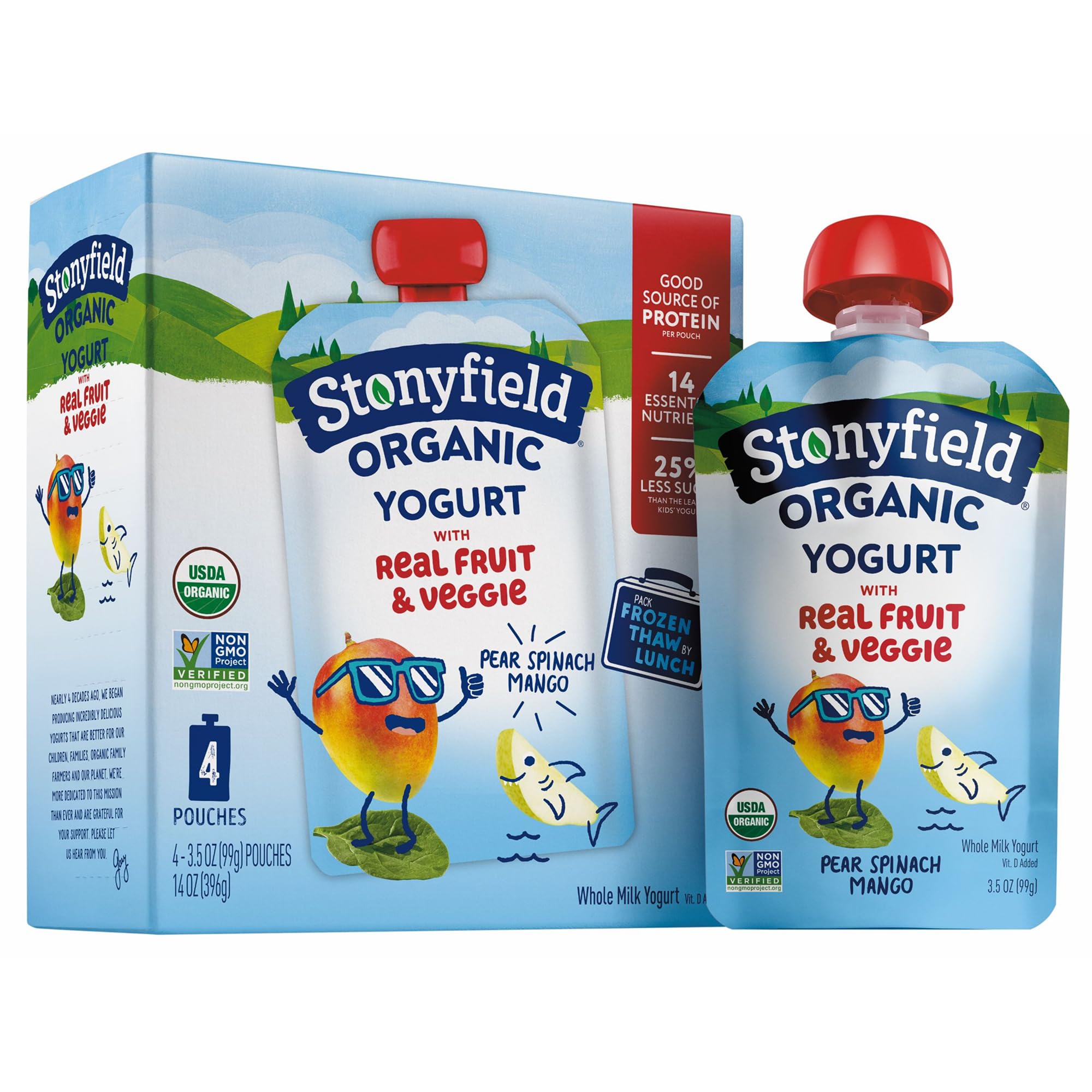 Stonyfield Organic Kids Yogurt Pouches, Pear Spinach Mango, 3.5 oz, 4 ct