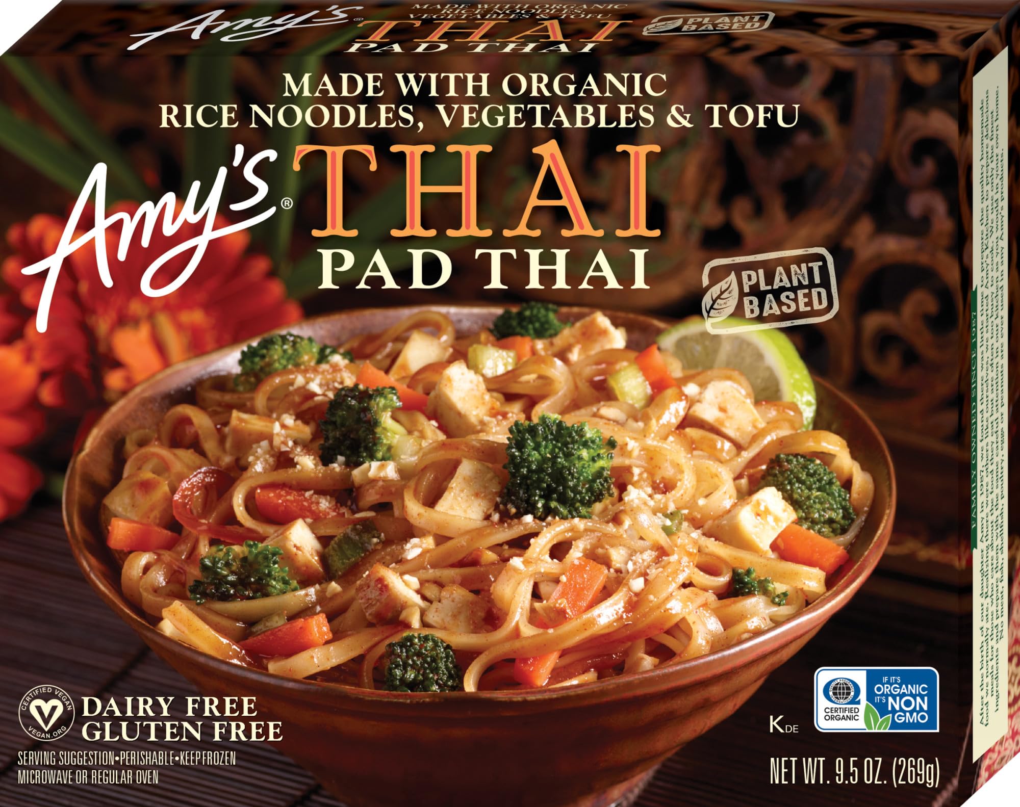 Amy's Frozen Meals, Pad Thai, 9.5 oz | Made with Organic Rice Noodles, Broccoli and Carrots, Vegan & Gluten Free