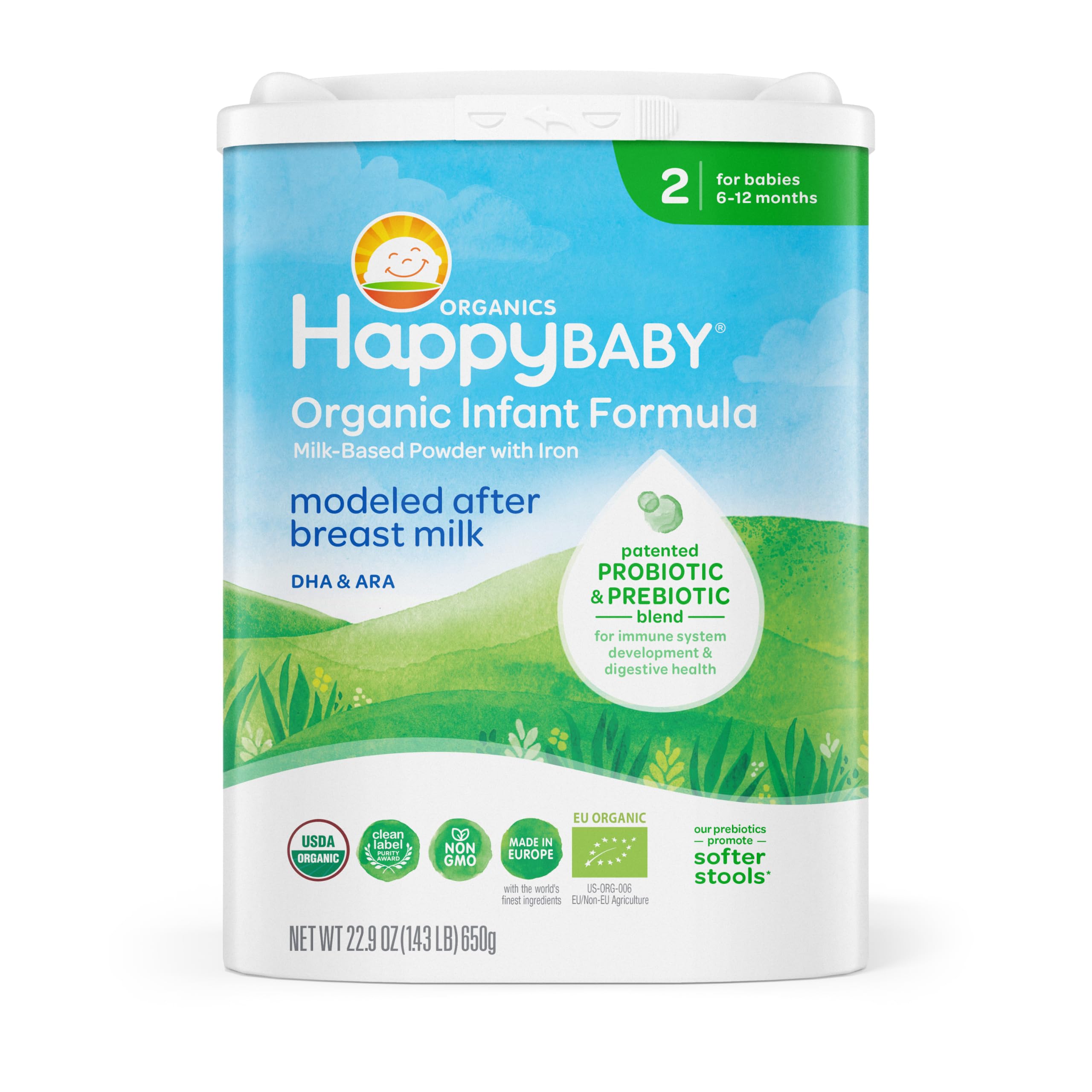 HAPPY BABY Stage 2, 6-12 Months, Organic Infant Formula, 22.9oz (1 Pack) | USDA Organic Milk Based Baby Formula with DHA, Iron, Probiotics & Prebiotics for Immune & Digestive Support, Non-GMO
