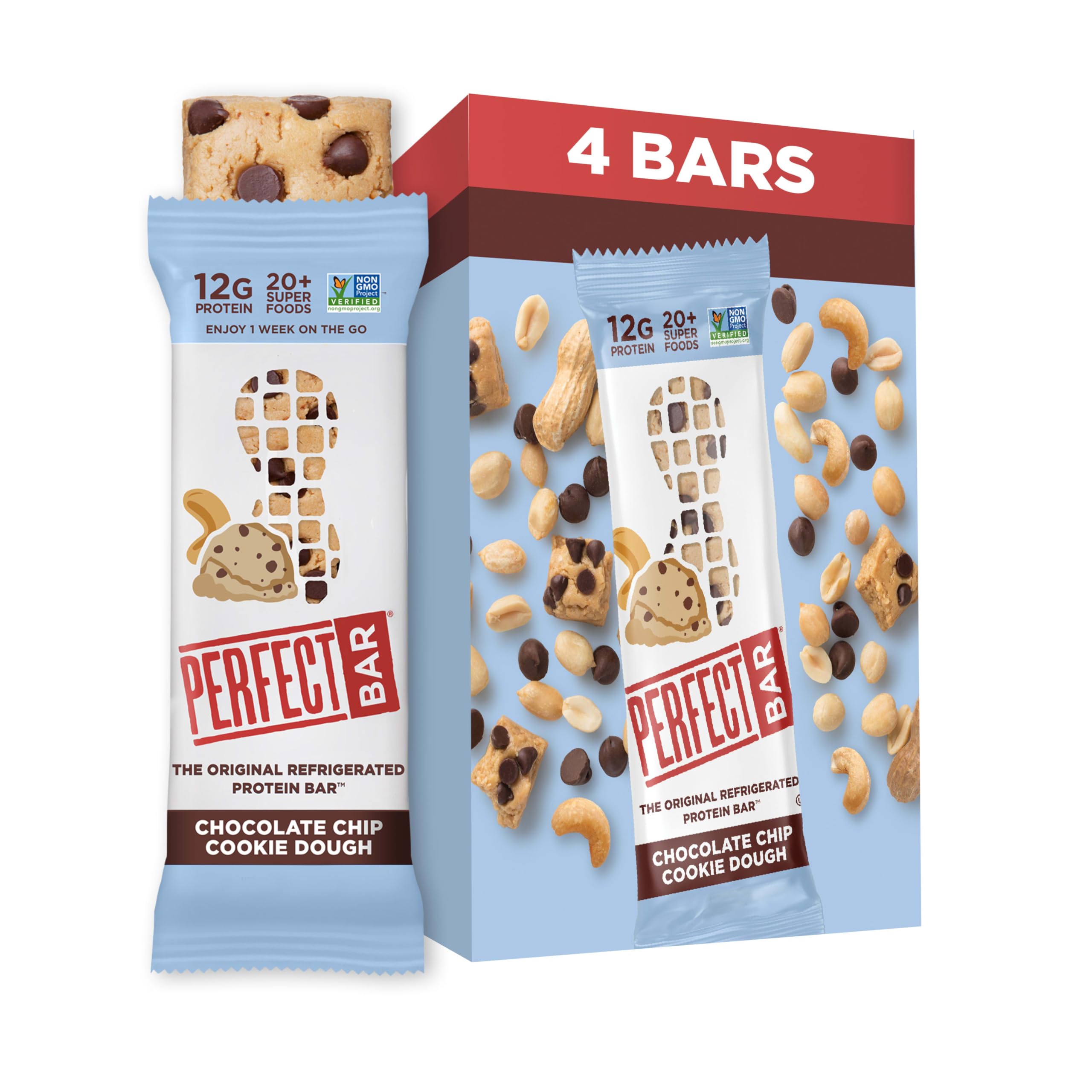 Perfect Bar Protein Bars, Chocolate Chip Cookie, 12g Protein, 4 x 2.2 oz | Nothing artificial, gluten free bars made with organic honey, cashew and peanut butter, individually wrapped, for busy days