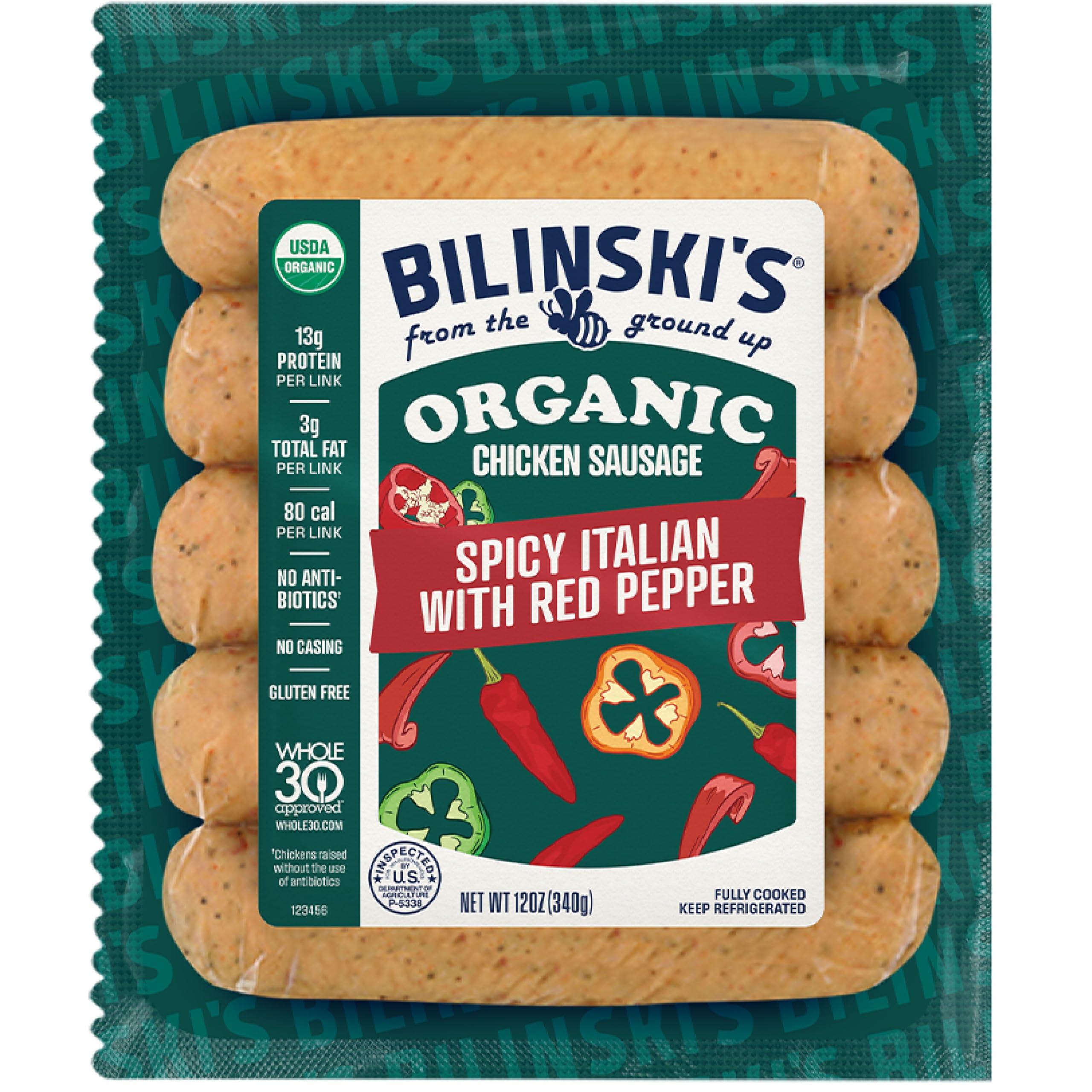 Bilinski's Organic Spicy Italian Chicken Sausage, 13g Protein/80 Calories, Fully Cooked, GAP Certified Chicken, No Antibiotics, No Nitrates, No Additives, Casing Free, 12oz