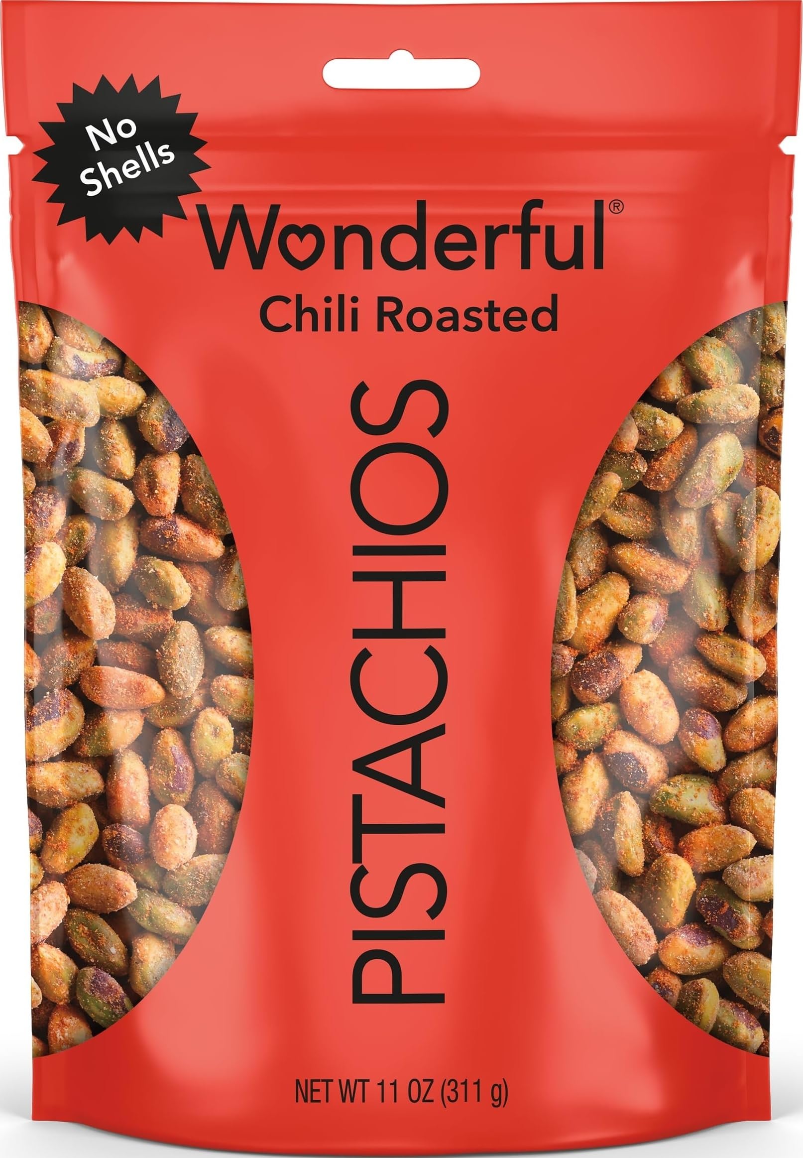 Wonderful Pistachios No Shells, Chili Roasted Nuts, 11 Ounce Resealable Bag, Protein Snacks, Gluten Free College Snacks, Healthy Snacks for Adults