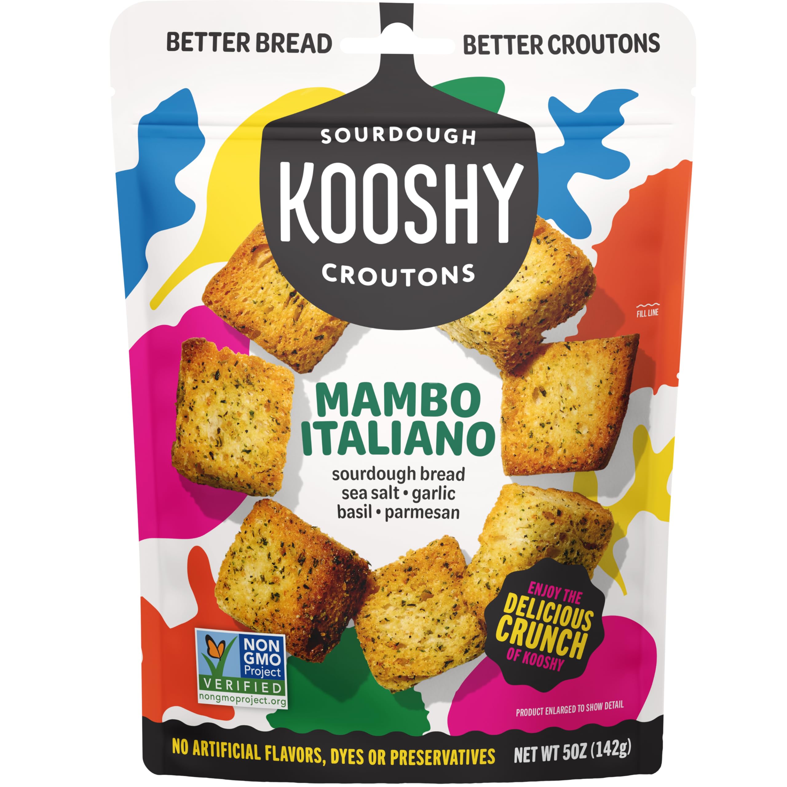 Kooshy Croutons for Salad | Mambo Italiano Sourdough | 5 Oz Pouch | Croutons for Salad | Garlic basil, parmesan and sea salt | non-GMO crispy toppers | soups, salads or snacks | Italian bread