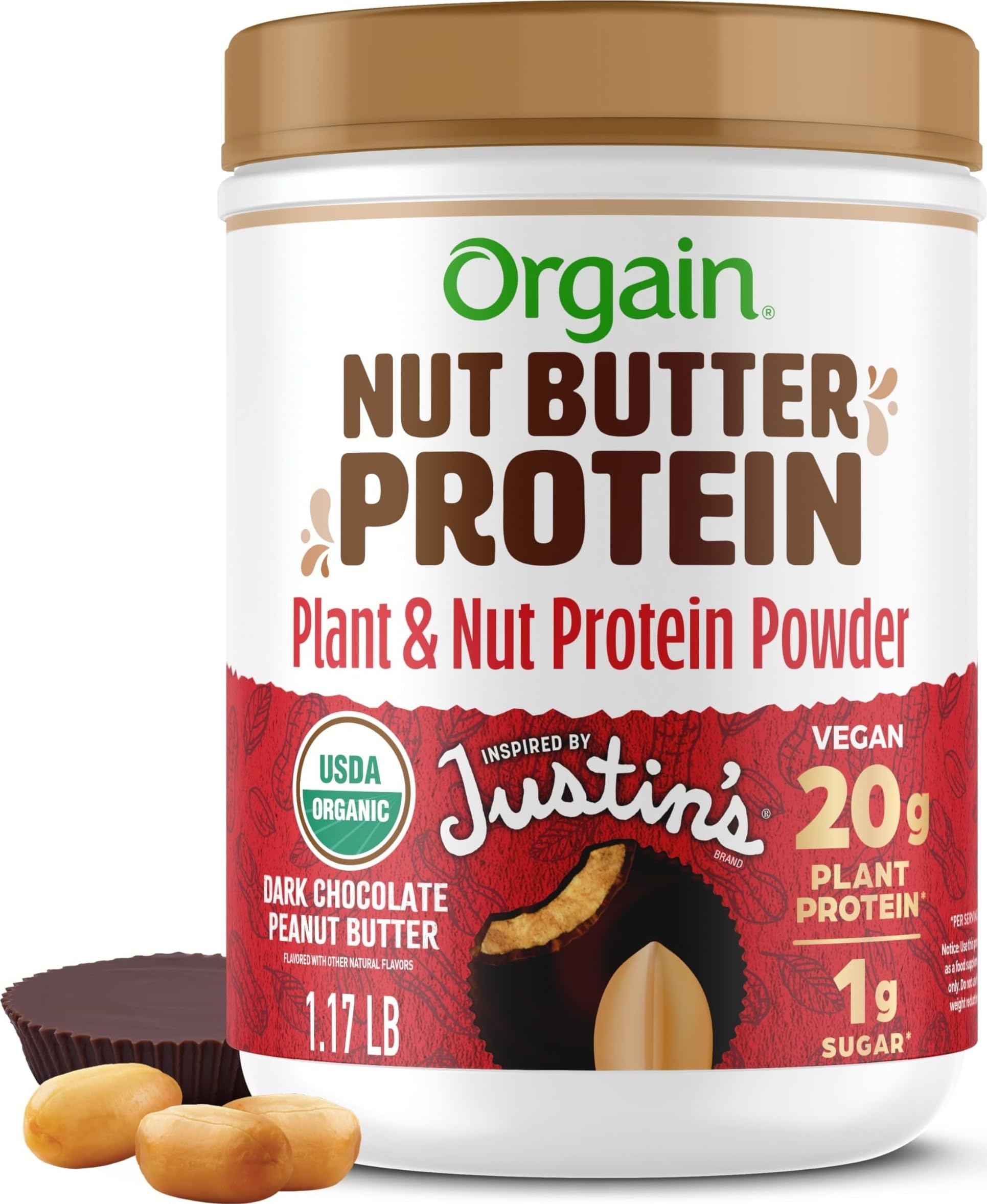Orgain X Justin's 20g Protein Powder, Chocolate Peanut Butter, 1.17lb | Organic plant based nut butter protein, 1g sugar, gluten free, no dairy or soy ingredients, no artificial flavors