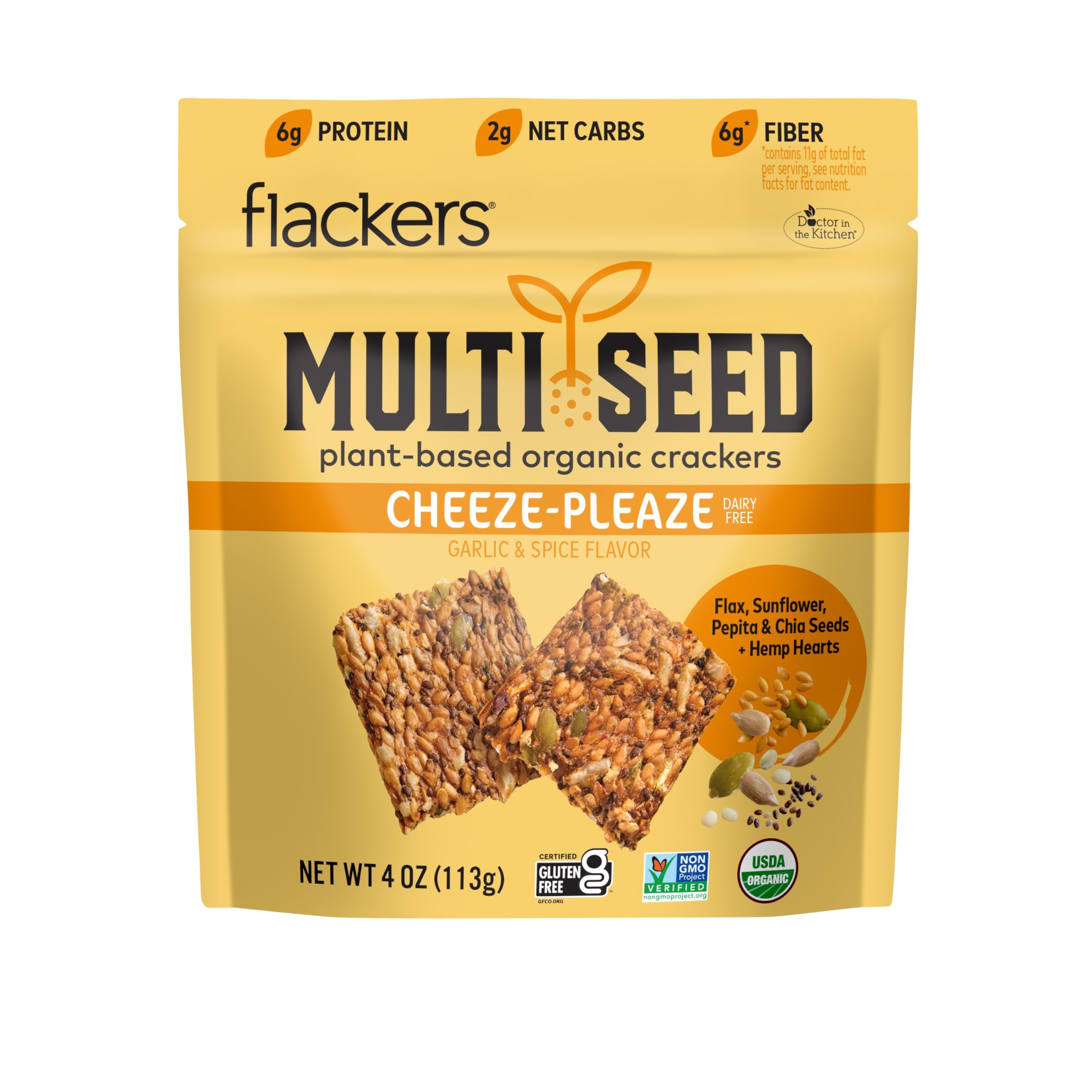 Flackers Organic Cheeze-Pleaze Multi-Seed Crackers, 4 Ounce 1-Pack | Organic, Gluten Free, Non-GMO, Vegan, Keto Snack, 8g Fiber, 3g Net Carbs