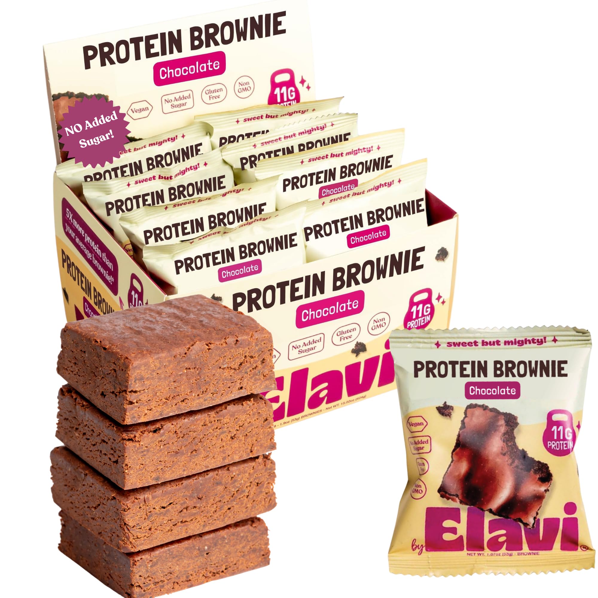 Elavi Chocolate Fudge Protein Brownies - 8 Pack | 11g plant protein & 12g fiber, vegan, gluten free, date sweetened, kid friendly, non-dairy snack