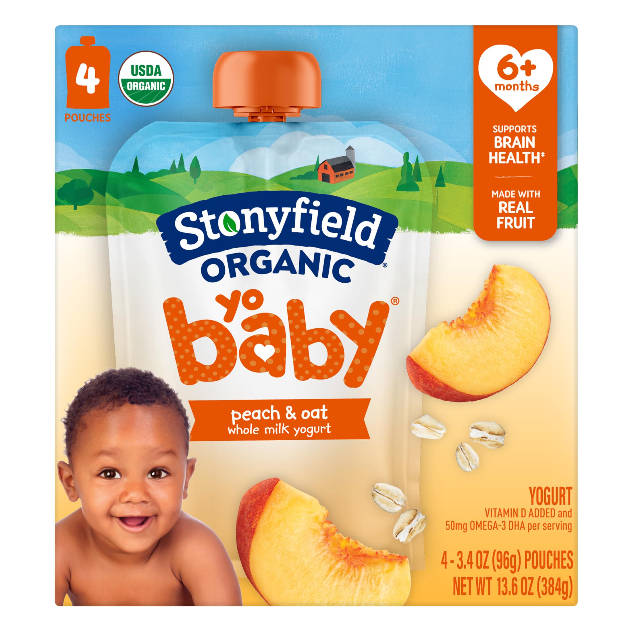 Stonyfield Organic YoBaby Peach & Oat Yogurt Pouches, 3.4 oz, 4 ct