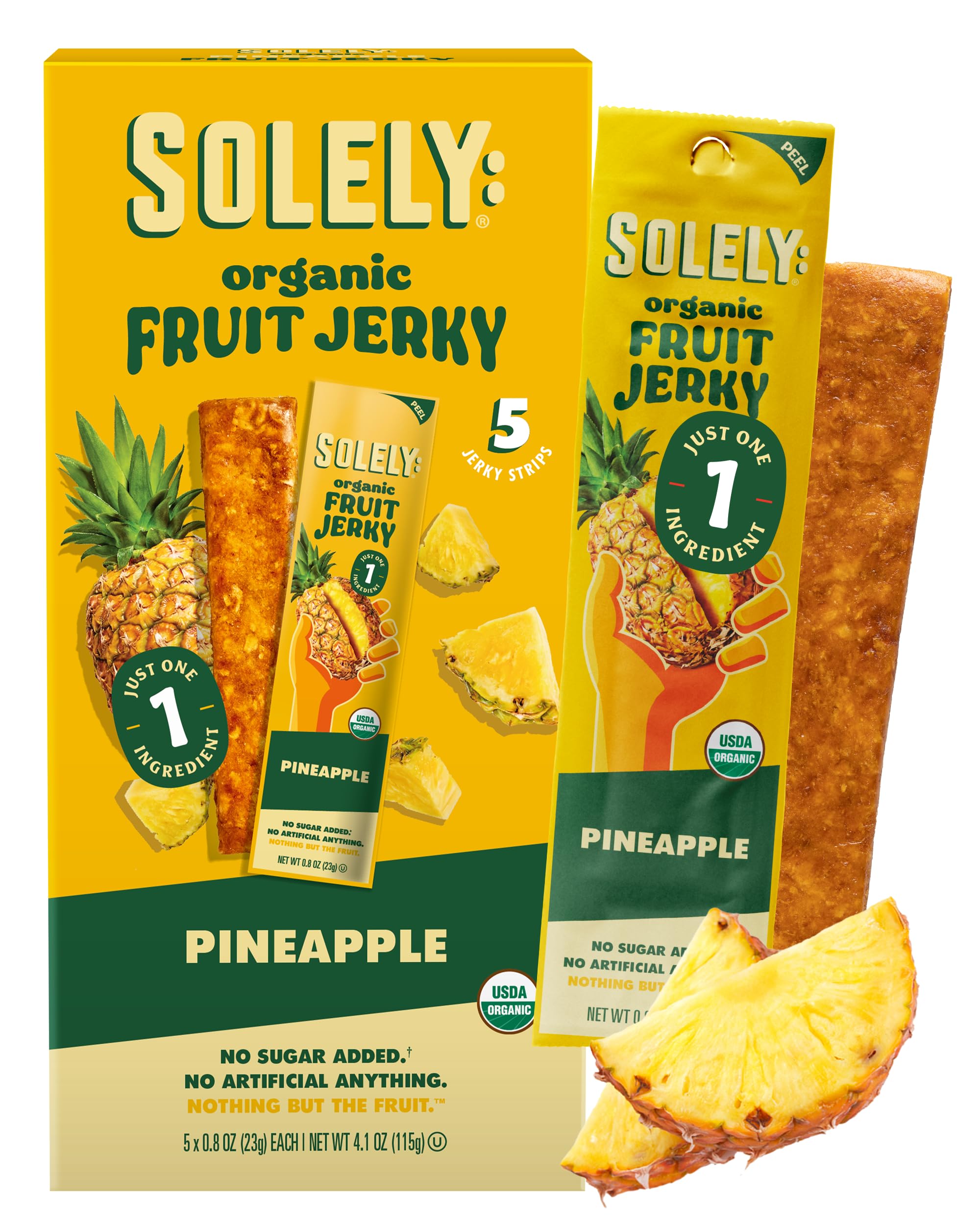 SOLELY - Organic Pineapple Fruit Jerky - 5 Individually Wrapped Strips - Fruit Leather Made from Dried Fruit - Healthy Snacks for Adults & Kids - Non GMO, Vegan Snacks - 0.8oz (23g)