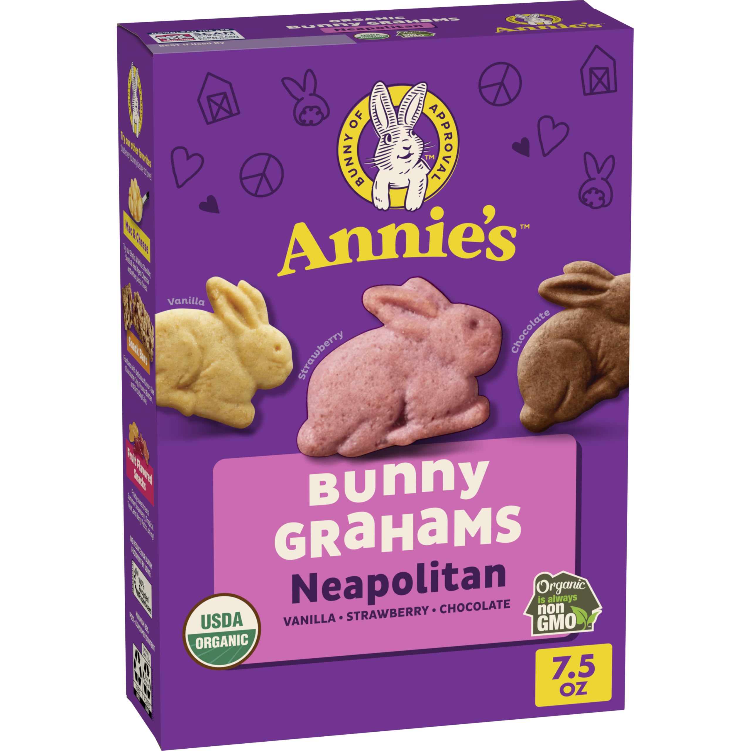 Annie's Organic Neapolitan Bunny Grahams Snack Crackers, Non-GMO, 7.5 oz | Strawberry, Vanilla & Chocolate Flavors, No Artificial Flavors or Synthetic Colors, No High-Fructose Corn Syrup