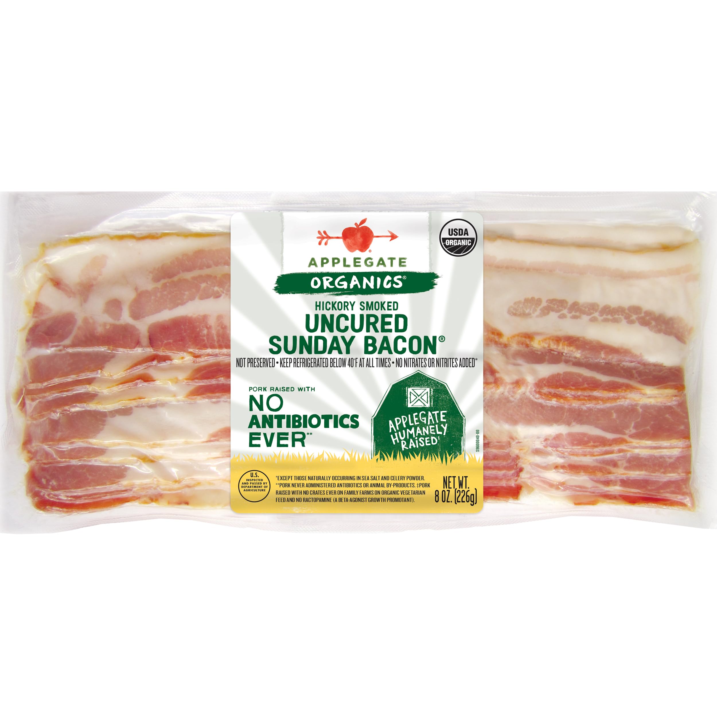 APPLEGATE, Organic Uncured Sunday Bacon, 8oz | No Antibiotics Ever, No Nitrates or Nitrites Added, Applegate Humanely Raised