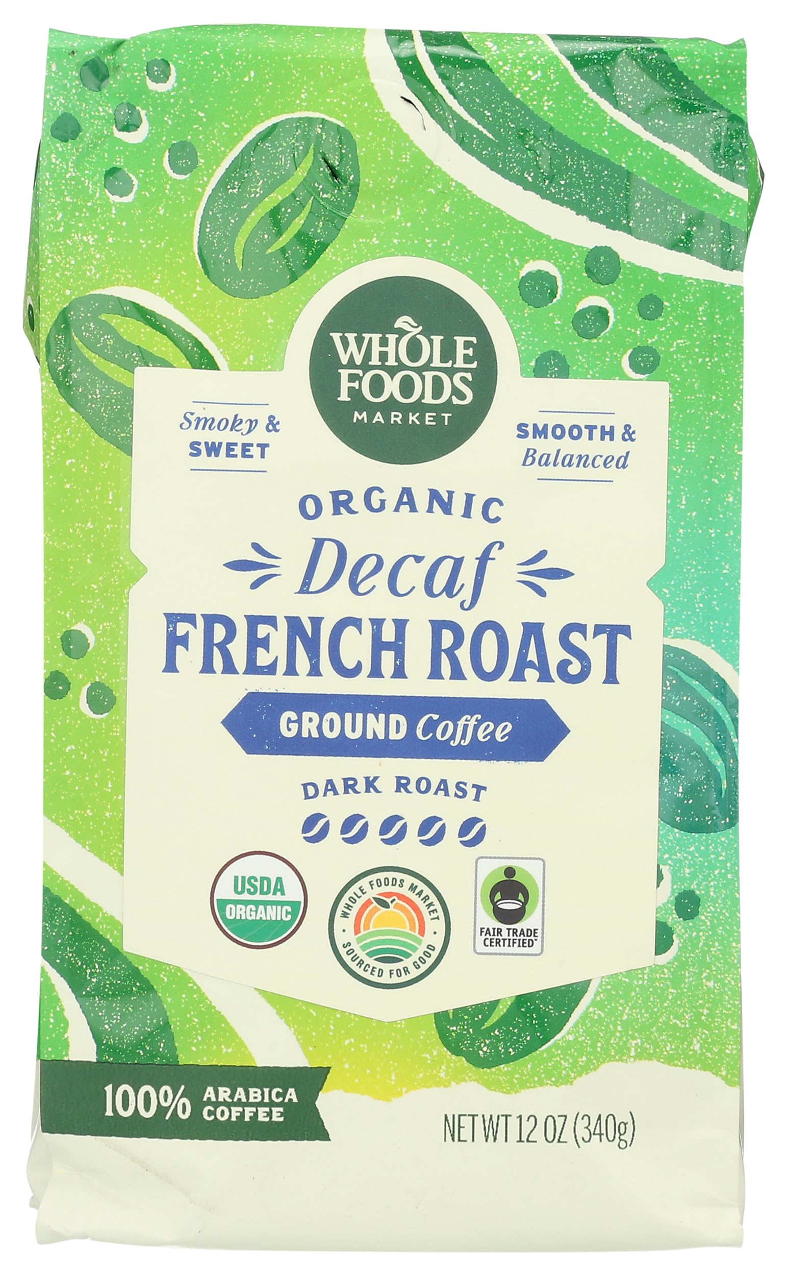 Organic Decaf Ground Coffee, Dark French Roast, Smoky & Sweet, Smooth & Balanced, 12 Ounce