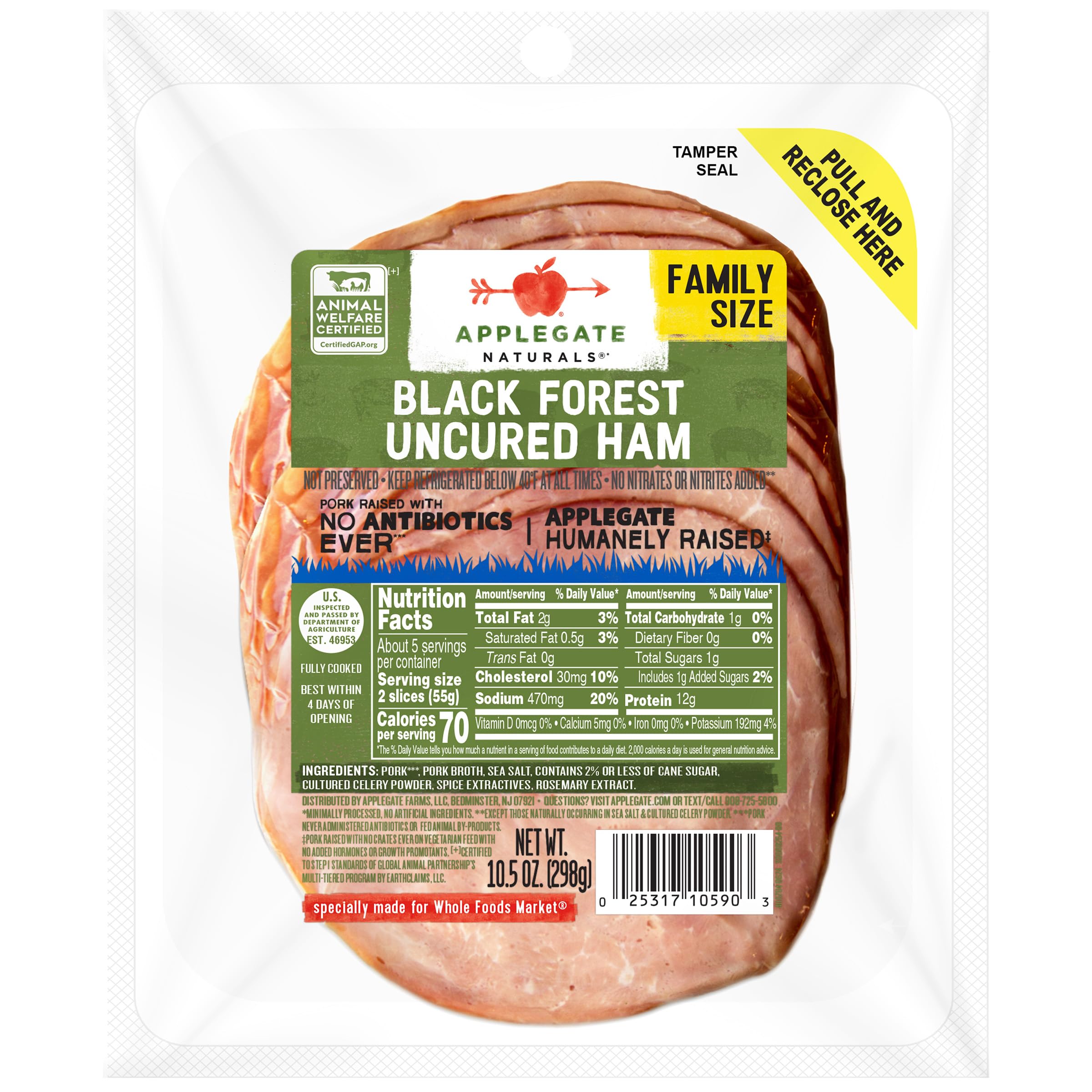 APPLEGATE NATURALS Uncured Black Forest Ham Family Size, 10.5oz | No Antibiotics Ever, No Artificial Ingredients, Perfect for wraps & sandwiches