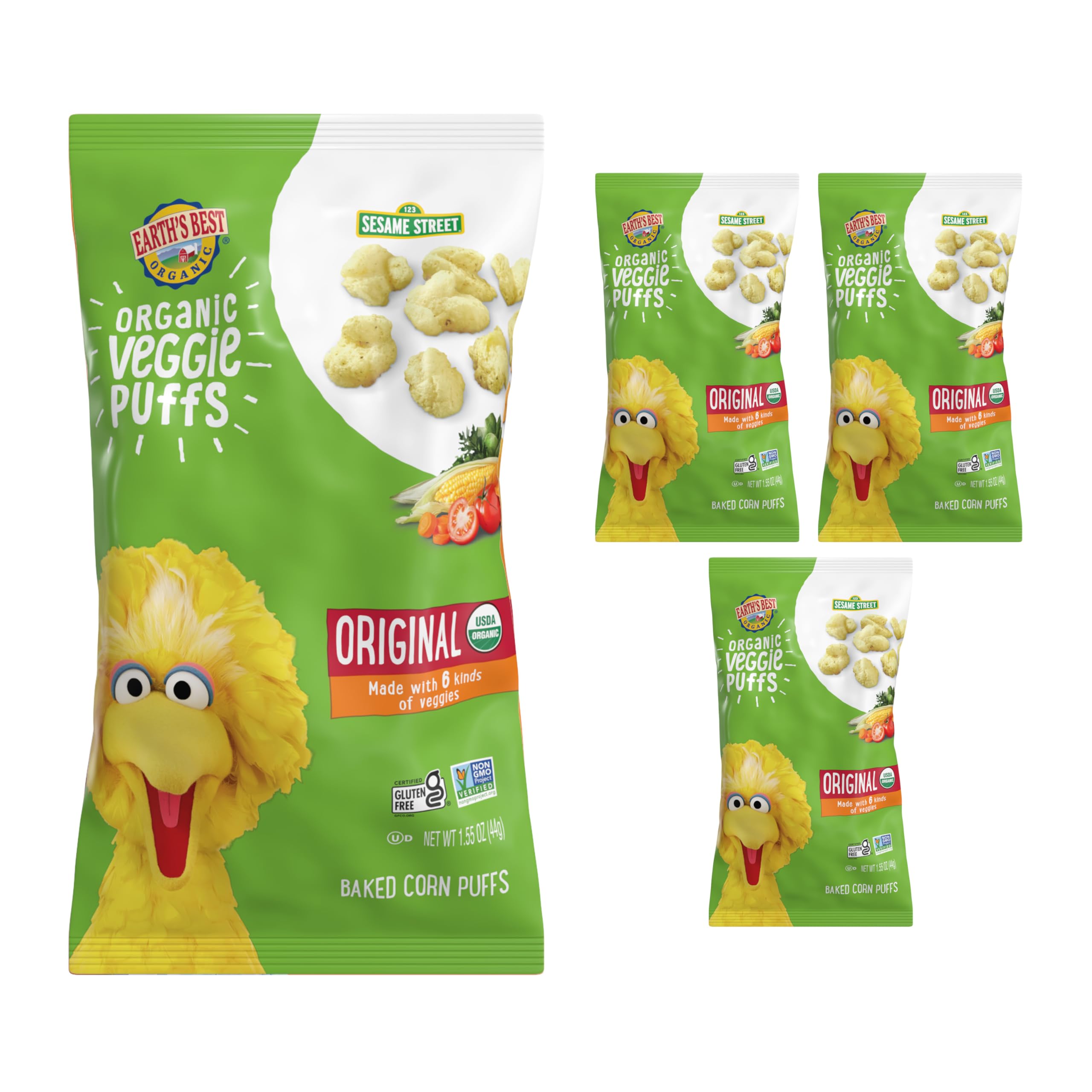 Earth's Best Organic Veggie Puffs for Toddlers 2 Years Old and Up, Original Flavor, 1.55 Ounce Bag
