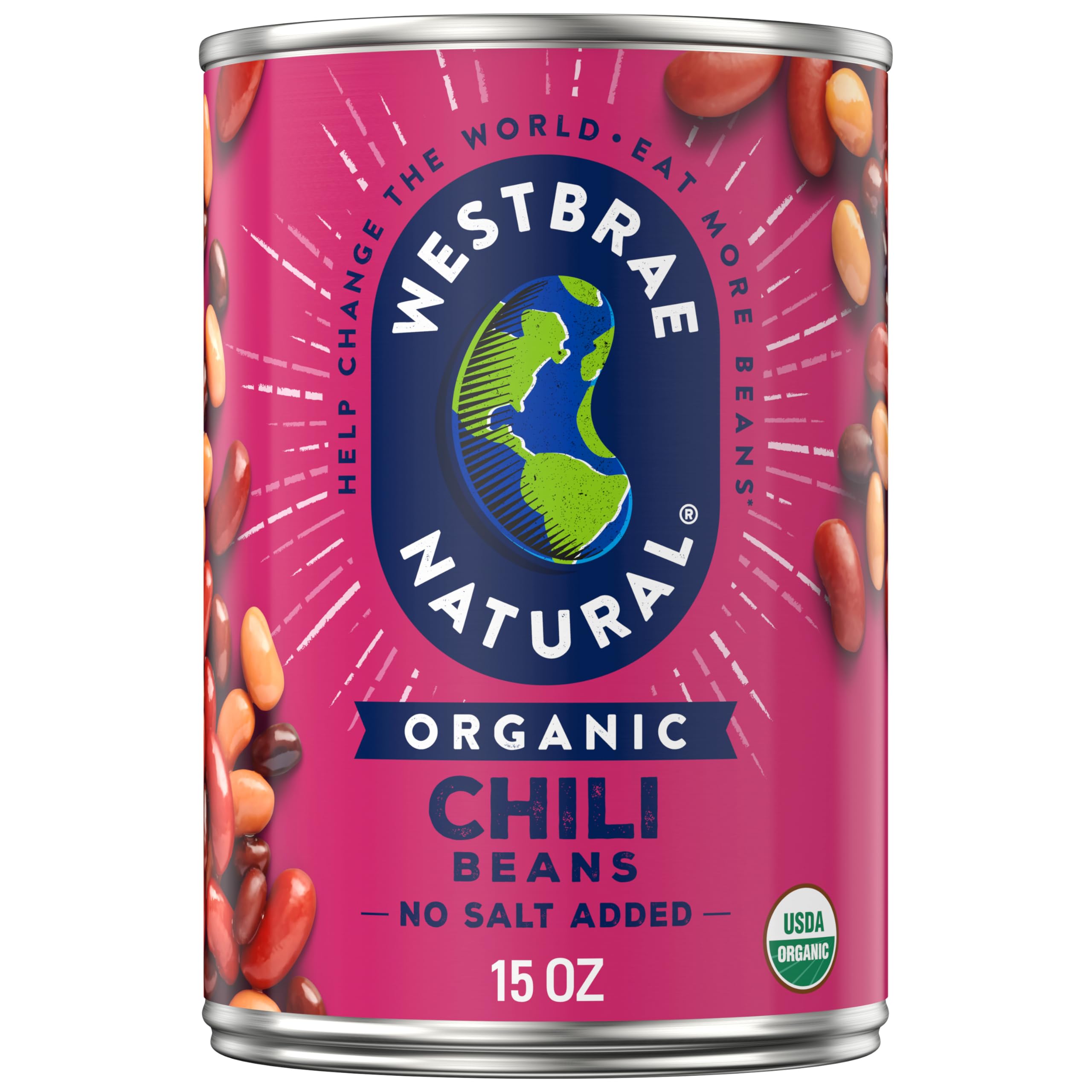 Westbrae Natural Organic Chili Beans, 15 oz | No Salt Added, Source of Plant Based Protein and Fiber, Vegetarian