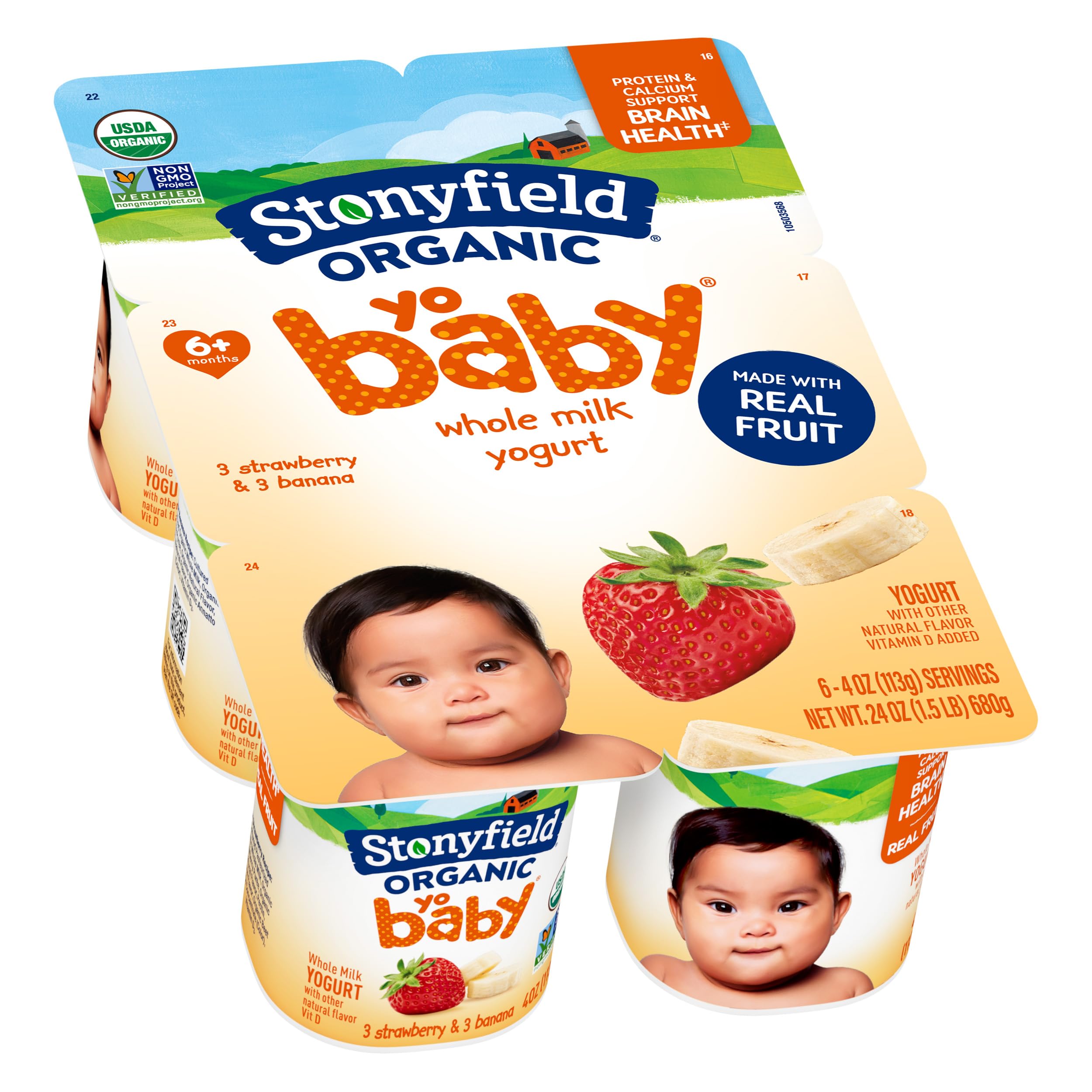 Stonyfield Organic YoBaby Baby Yogurt Cups, Banana & Strawberry, 6 Ct - Nutritious, Whole Milk Yogurt with Probiotics, 4 oz. Each