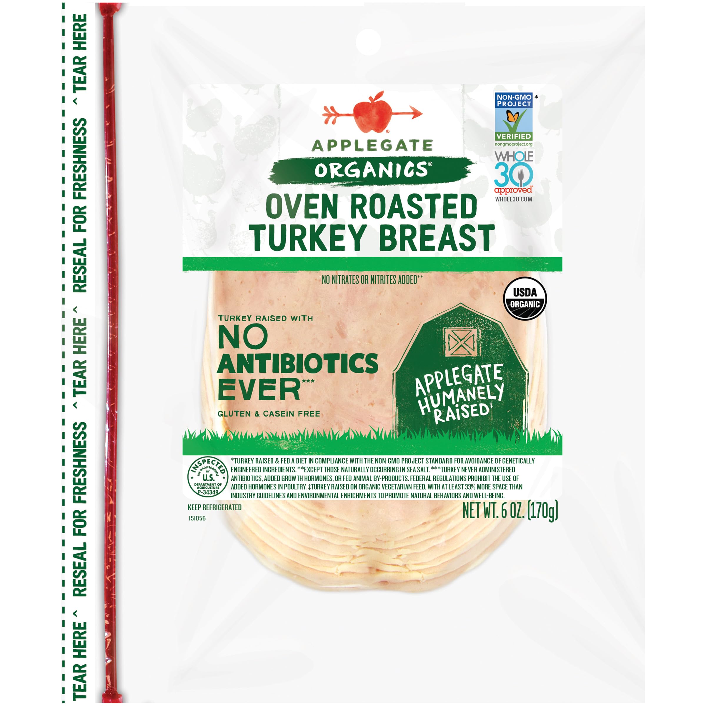 APPLEGATE ORGANICS Oven Roasted Turkey Breast, 6oz | No Antibiotics Ever, Non-GMO Project Verified, All Natural Ingredients