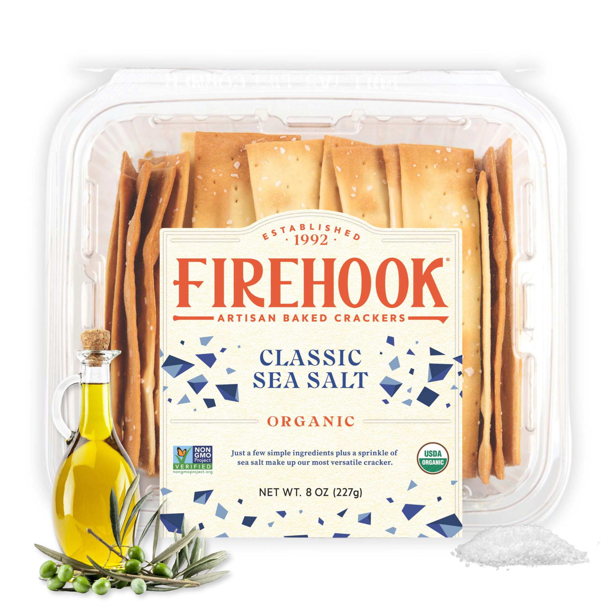 Firehook Sea Salt Crackers – Artisan Baked, Uniquely Crunchy, Baked with Simple Ingredients – Organic, Non-GMO, Kosher – 8 oz Box
